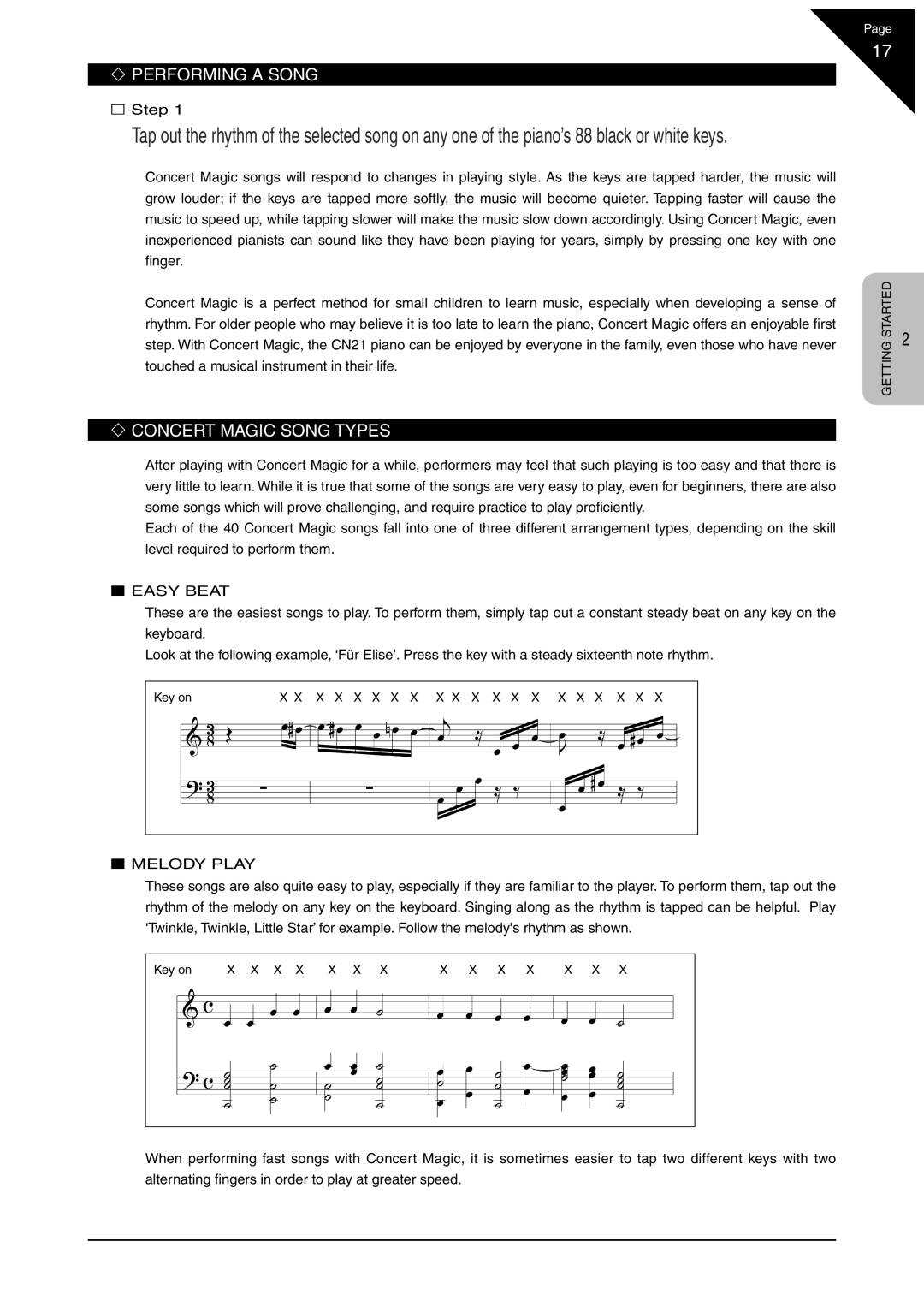 Kawai CN21 manual ‘ Performing a Song, ‘ Concert Magic Song Types 