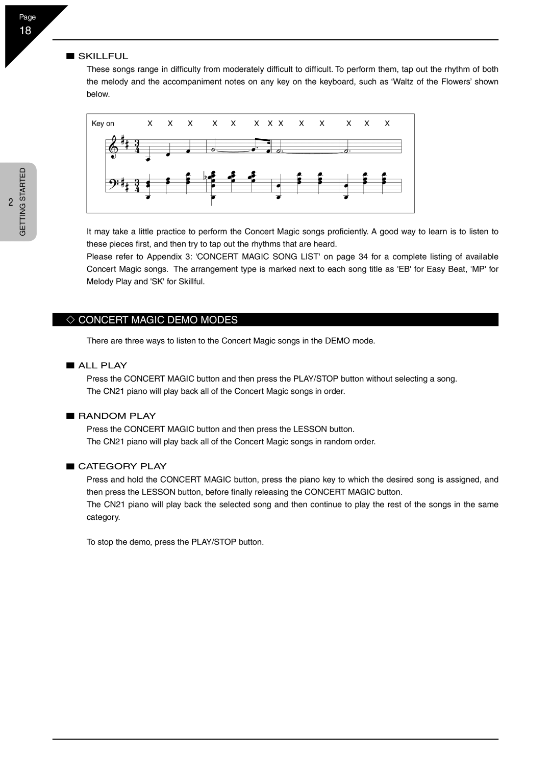 Kawai CN21 manual ‘ Concert Magic Demo Modes, „ Skillful 