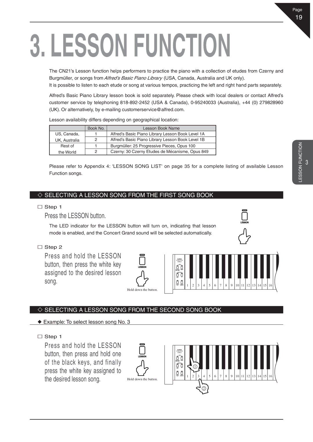 Kawai CN21 manual Press the Lesson button, Desired lesson song, ‘ Selecting a Lesson Song from the First Song Book 