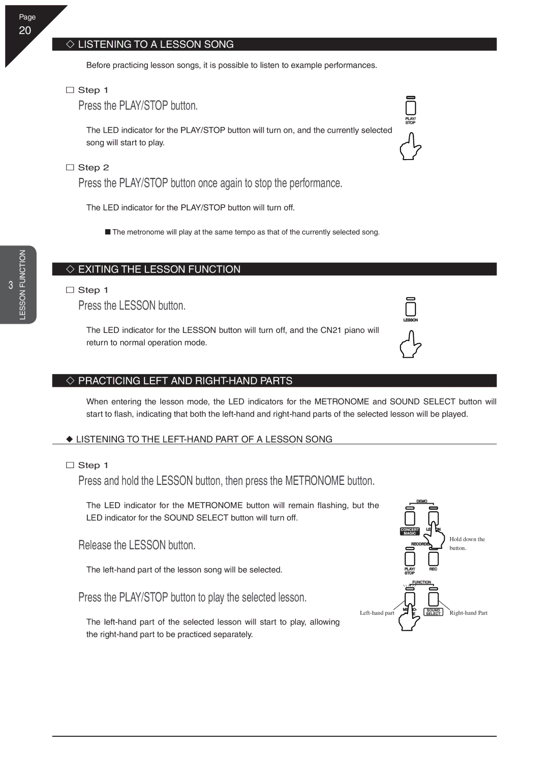 Kawai CN21 manual Release the Lesson button, Press the PLAY/STOP button to play the selected lesson 