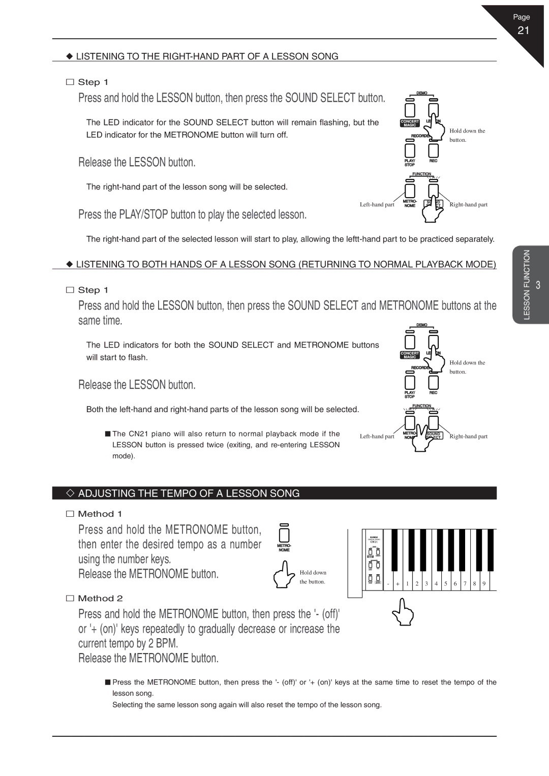 Kawai CN21 manual Using the number keys Release the Metronome button, ‘ Adjusting the Tempo of a Lesson Song 