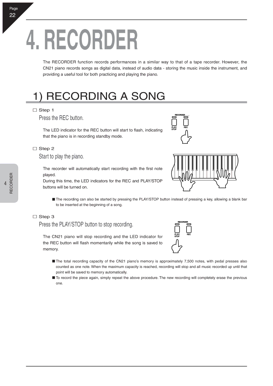 Kawai CN21 Recording a Song, Press the REC button, Start to play the piano, Press the PLAY/STOP button to stop recording 