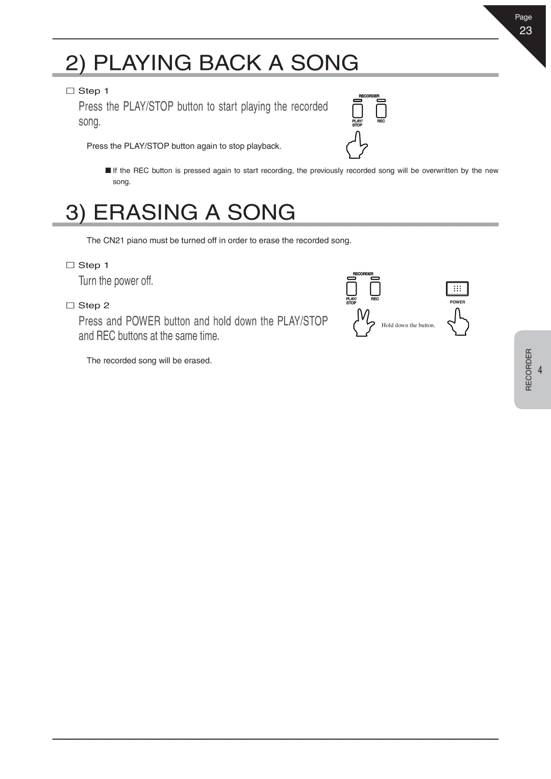 Kawai CN21 manual Playing Back a Song, Erasing a Song, Turn the power off, REC buttons at the same time 