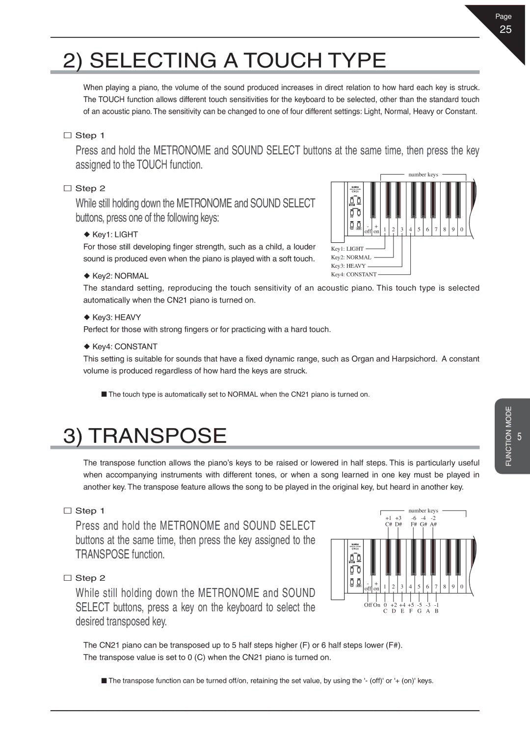 Kawai CN21 manual Selecting a Touch Type, Transpose, ¡ Key1 Light 