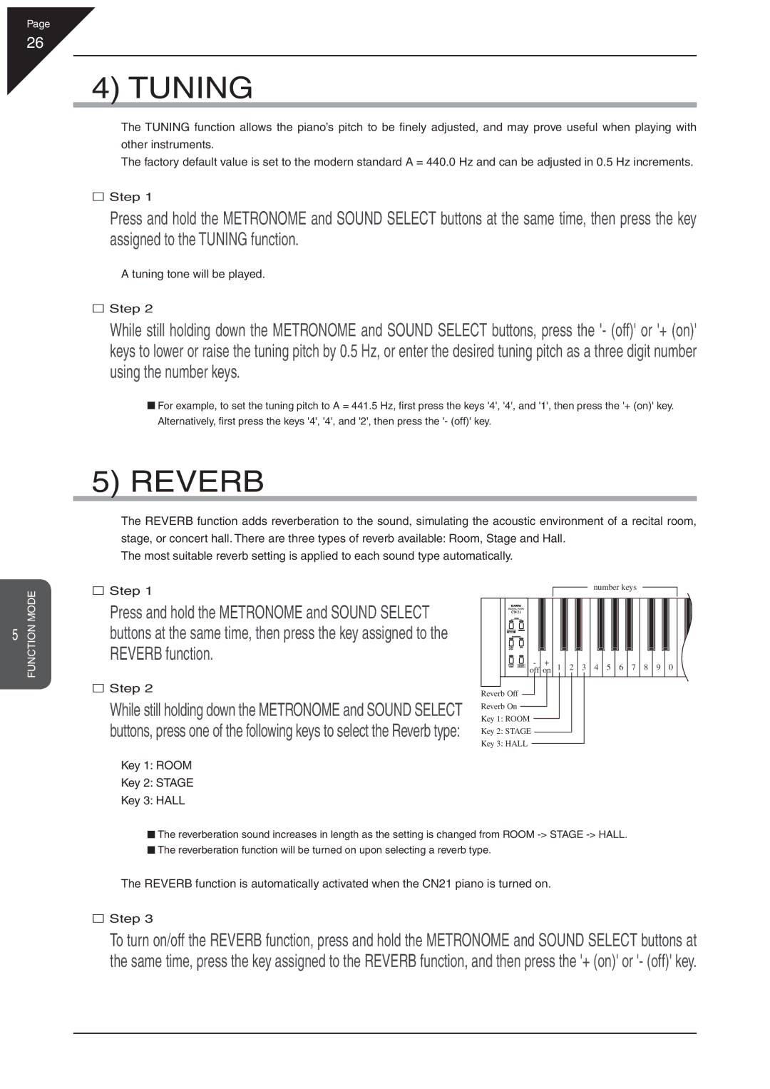 Kawai CN21 manual Reverb, Tuning tone will be played Step, Key 1 Room Key 2 Stage Key 3 Hall 