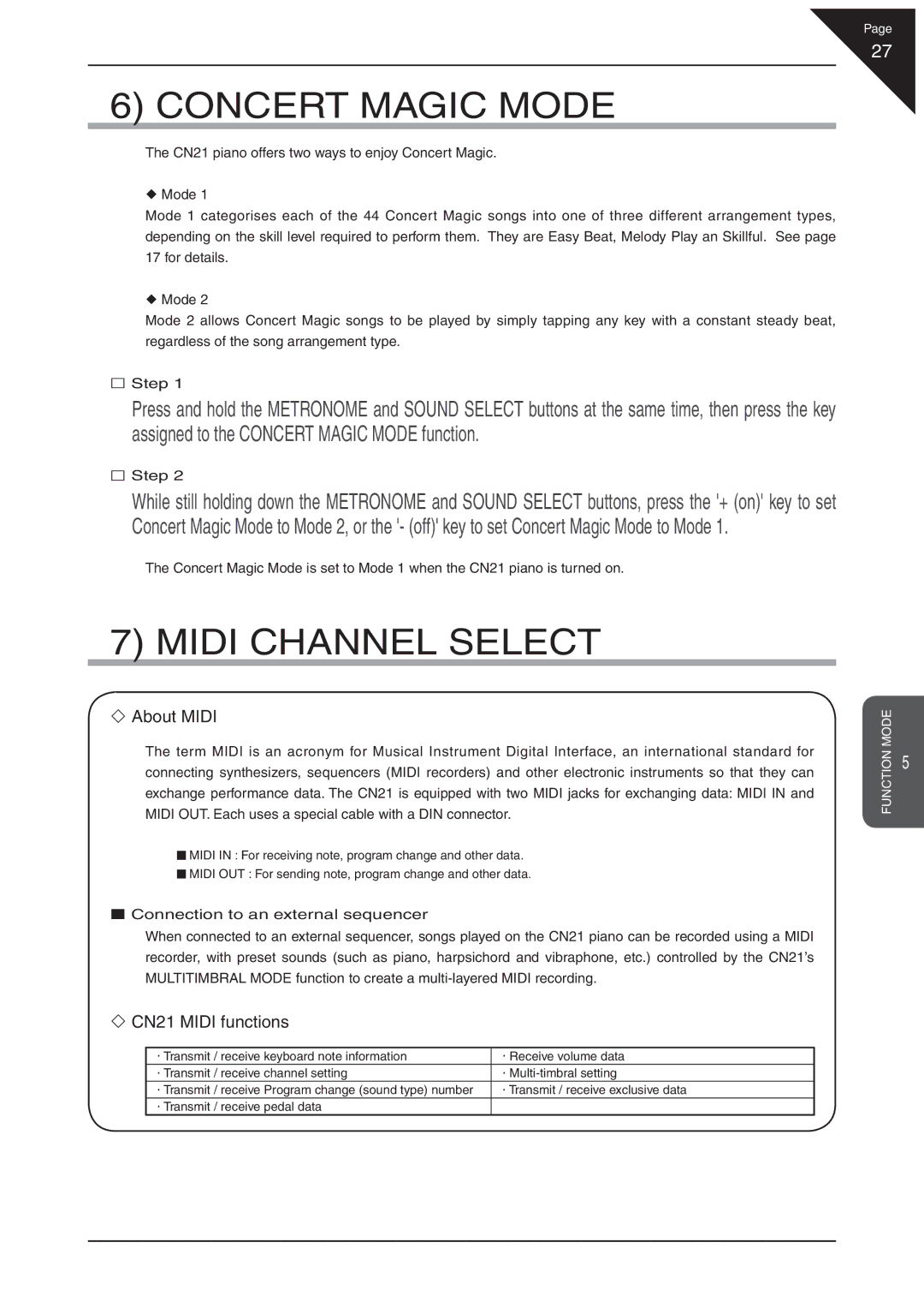 Kawai CN21 manual Concert Magic Mode, Midi Channel Select 