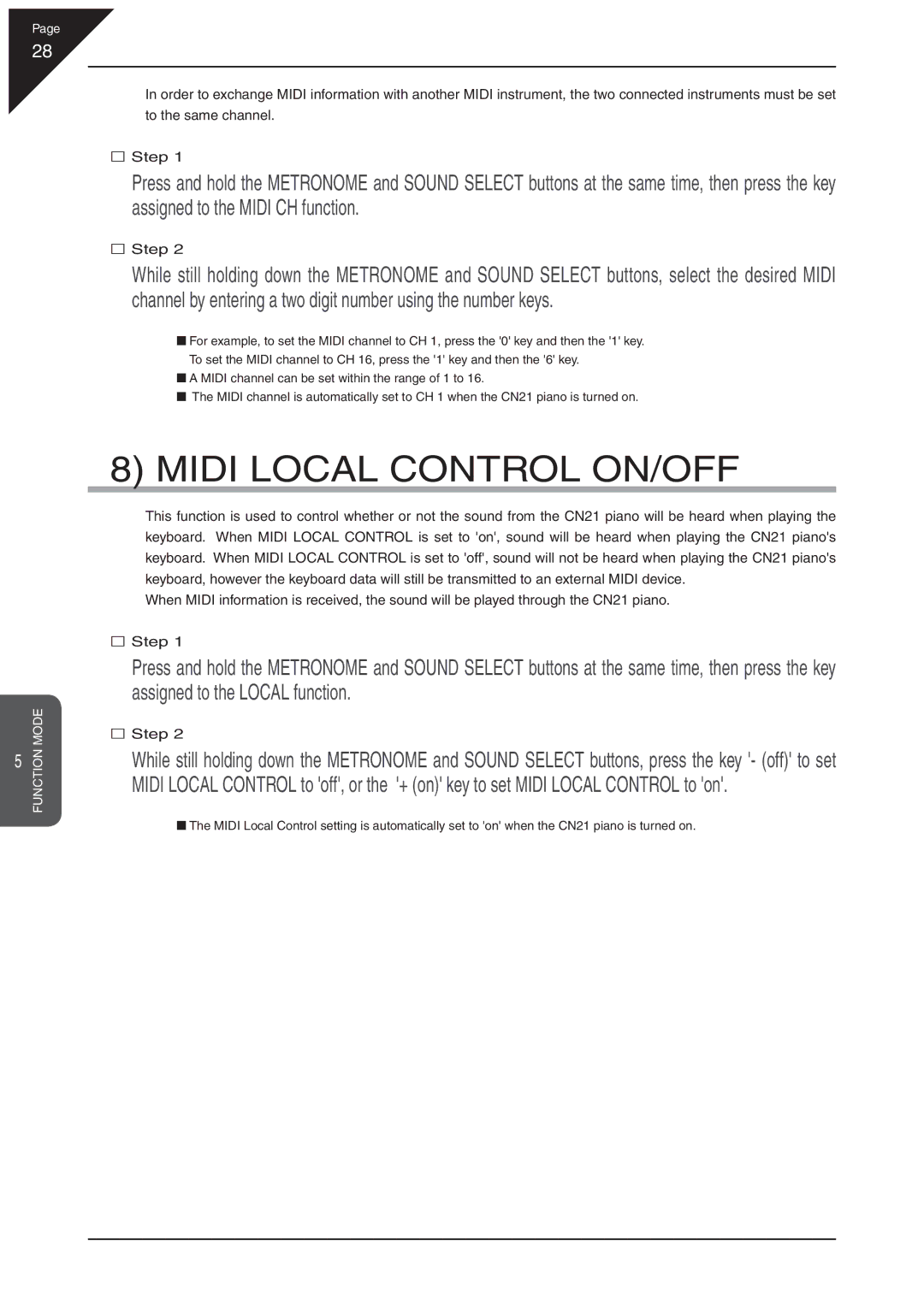 Kawai CN21 manual Midi Local Control ON/OFF 