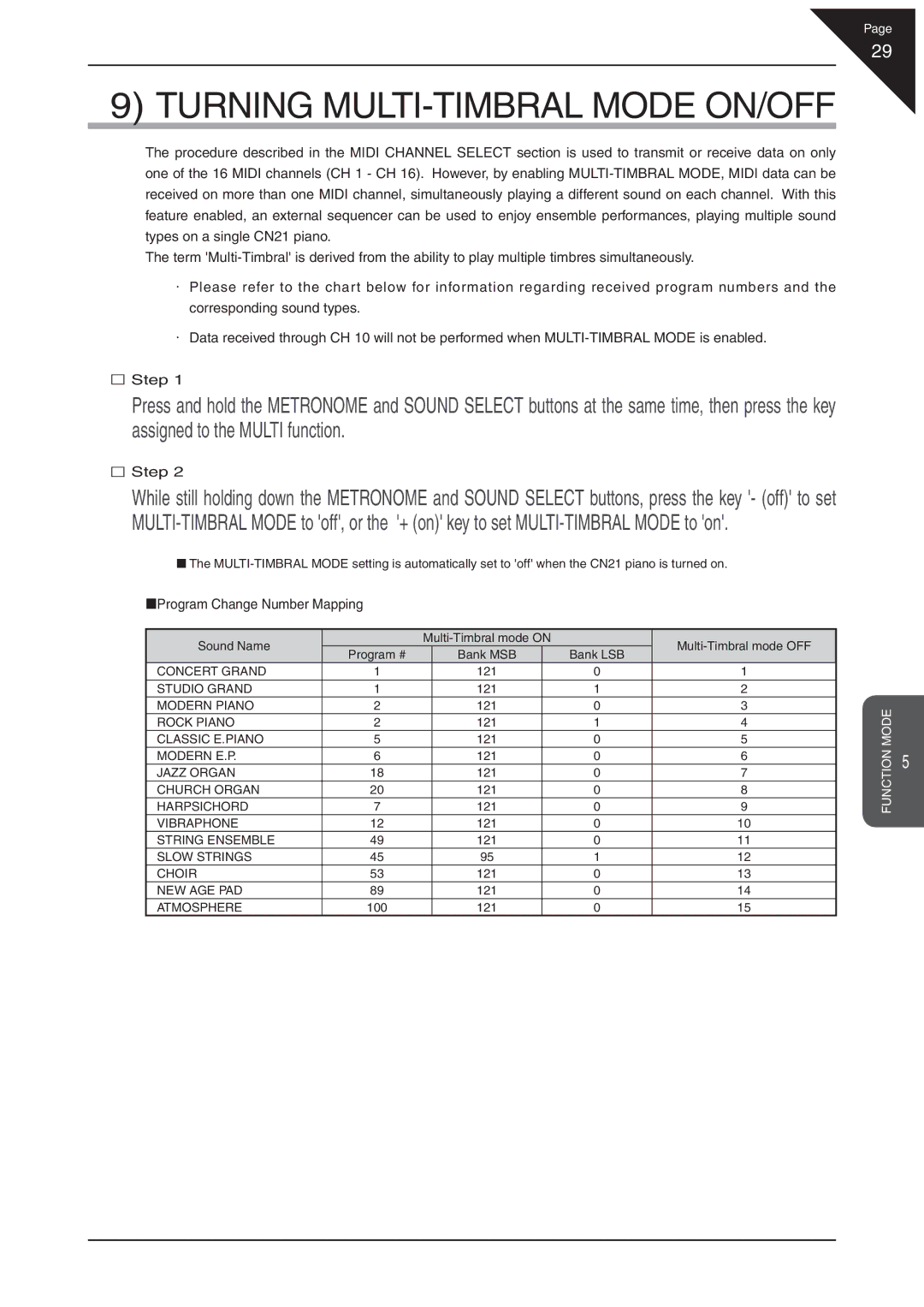 Kawai CN21 manual Turning MULTI-TIMBRAL Mode ON/OFF, „Program Change Number Mapping 