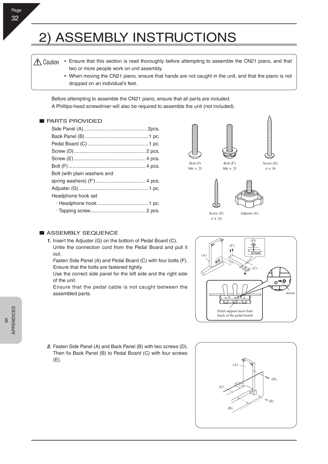 Kawai CN21 manual Assembly Instructions 