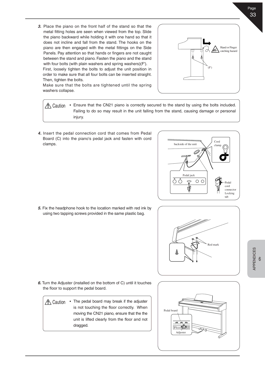 Kawai CN21 manual Injury, Backside of the unit Cord Clamp Pedal jack 