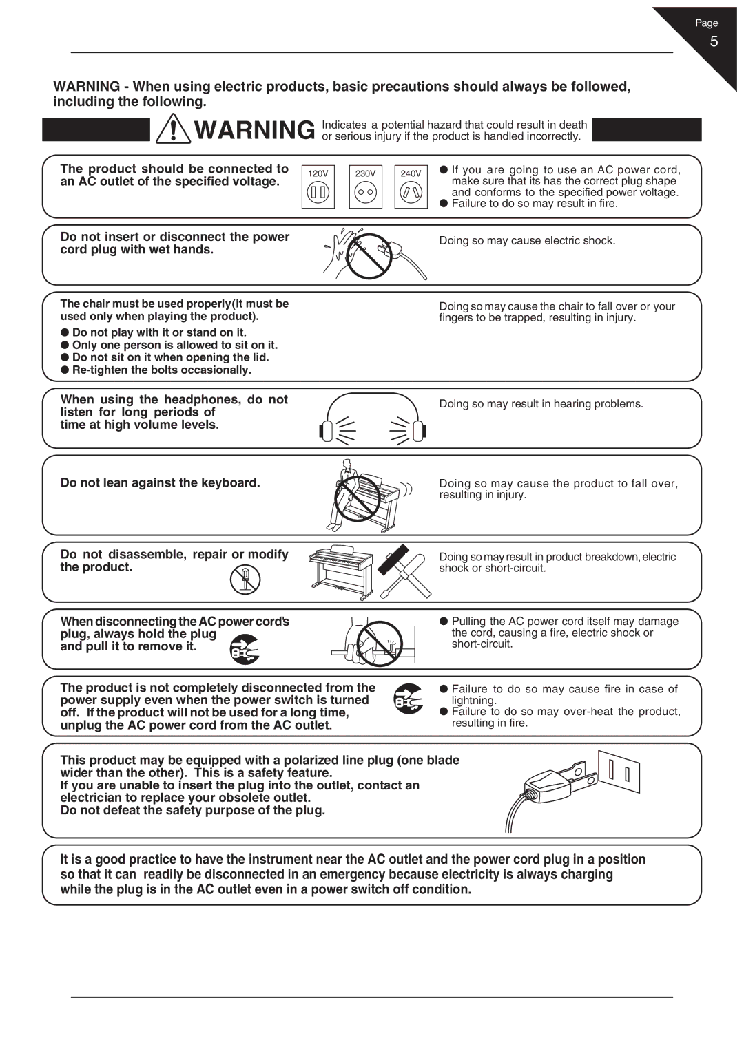 Kawai CN21 manual If you are going to use an AC power cord, Conforms to the specified power voltage 