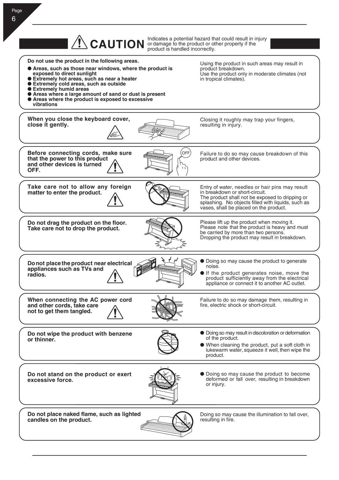 Kawai CN21 manual Product is handled incorrectly, Failure to do so may cause breakdown of this, Product and other devices 