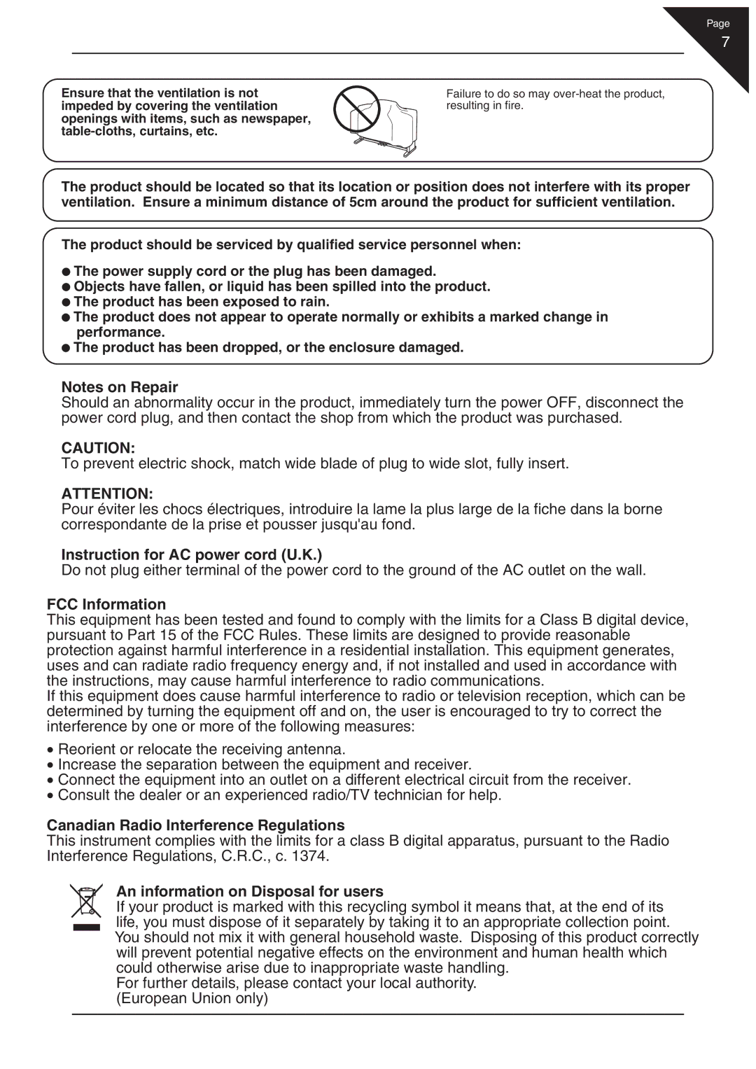 Kawai CN21 manual Instruction for AC power cord U.K 