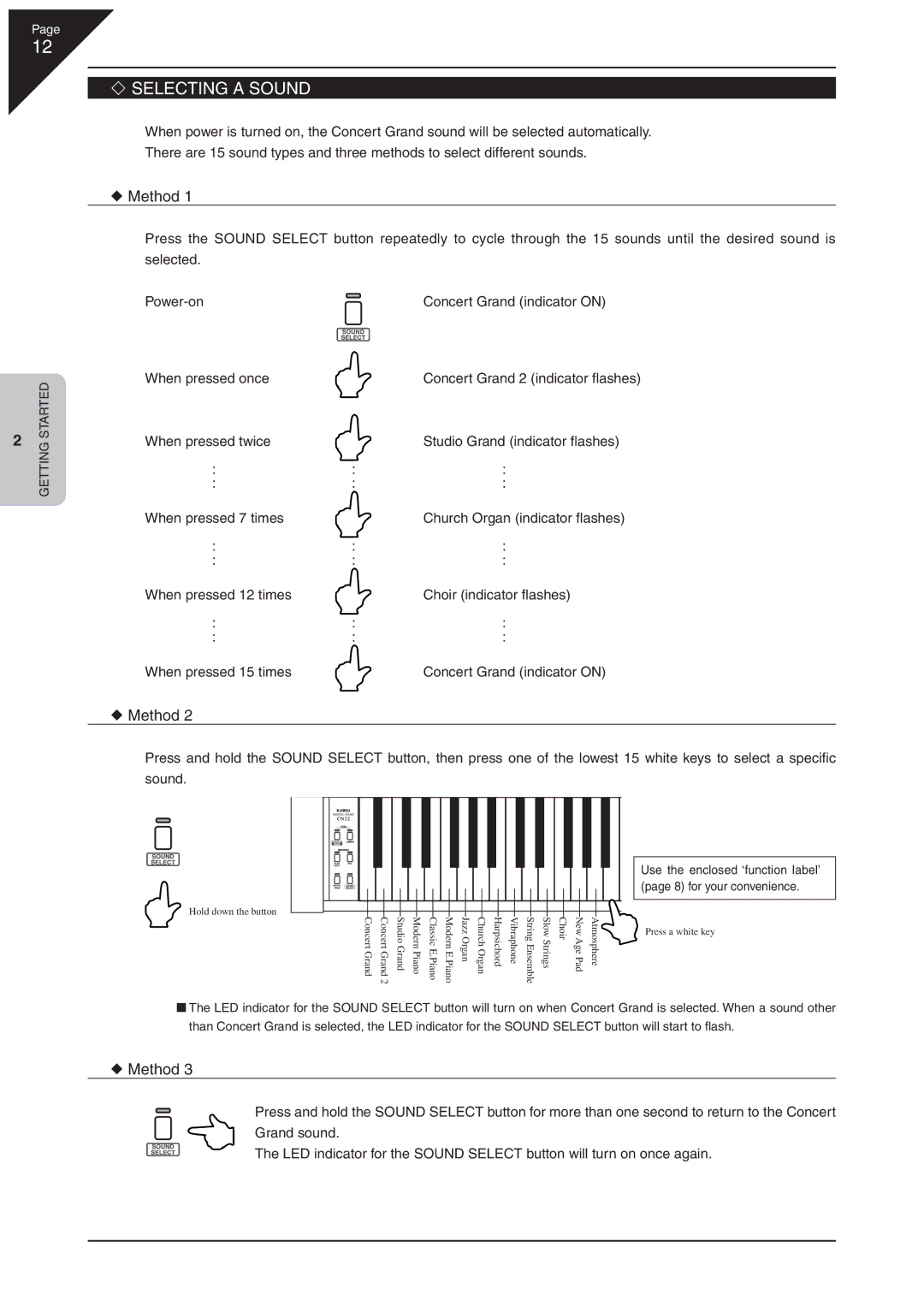 Kawai CN22 manual ‘ Selecting a Sound, When pressed once 