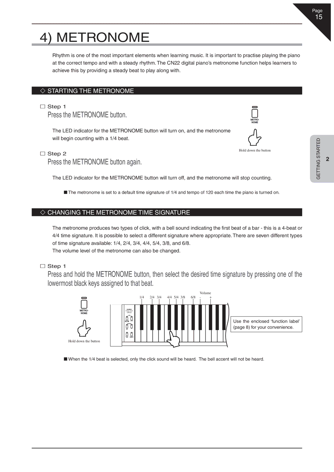 Kawai CN22 Press the Metronome button again, ‘ Starting the Metronome, ‘ Changing the Metronome Time Signature 