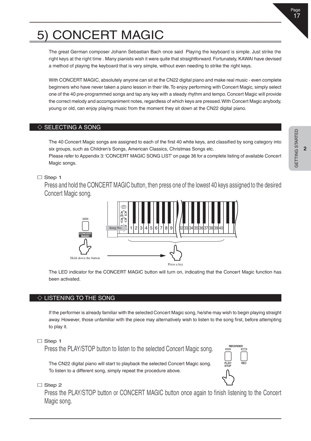 Kawai CN22 manual Concert Magic, ‘ Selecting a Song, ‘ Listening to the Song 