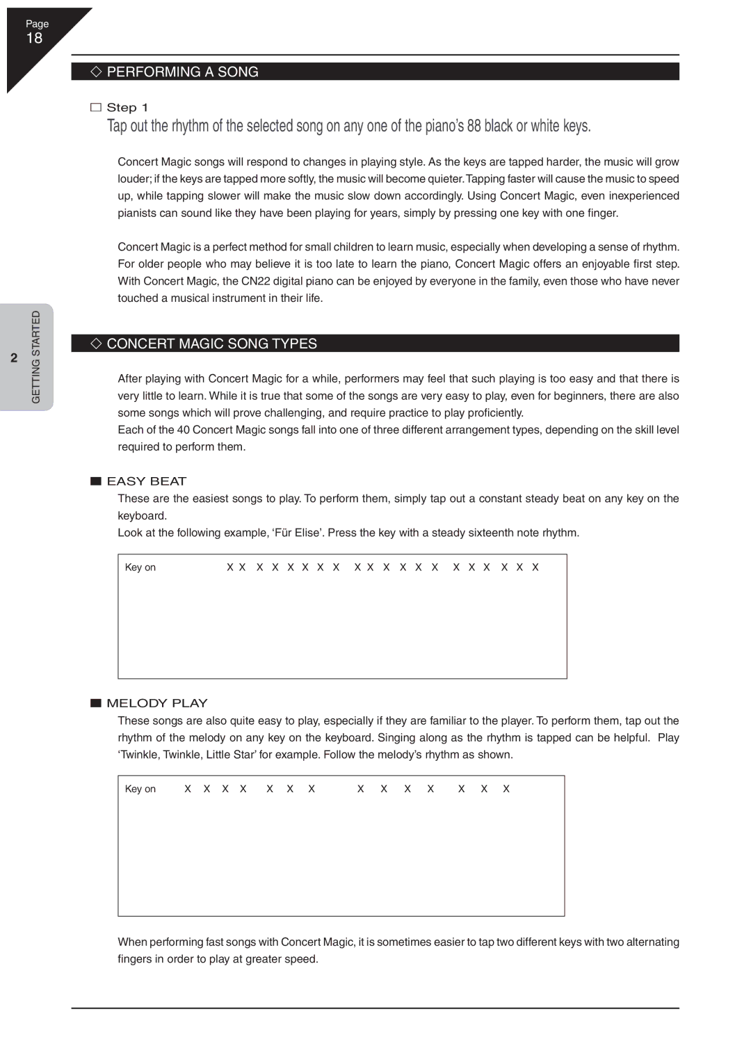 Kawai CN22 manual ‘ Performing a Song, ‘ Concert Magic Song Types 