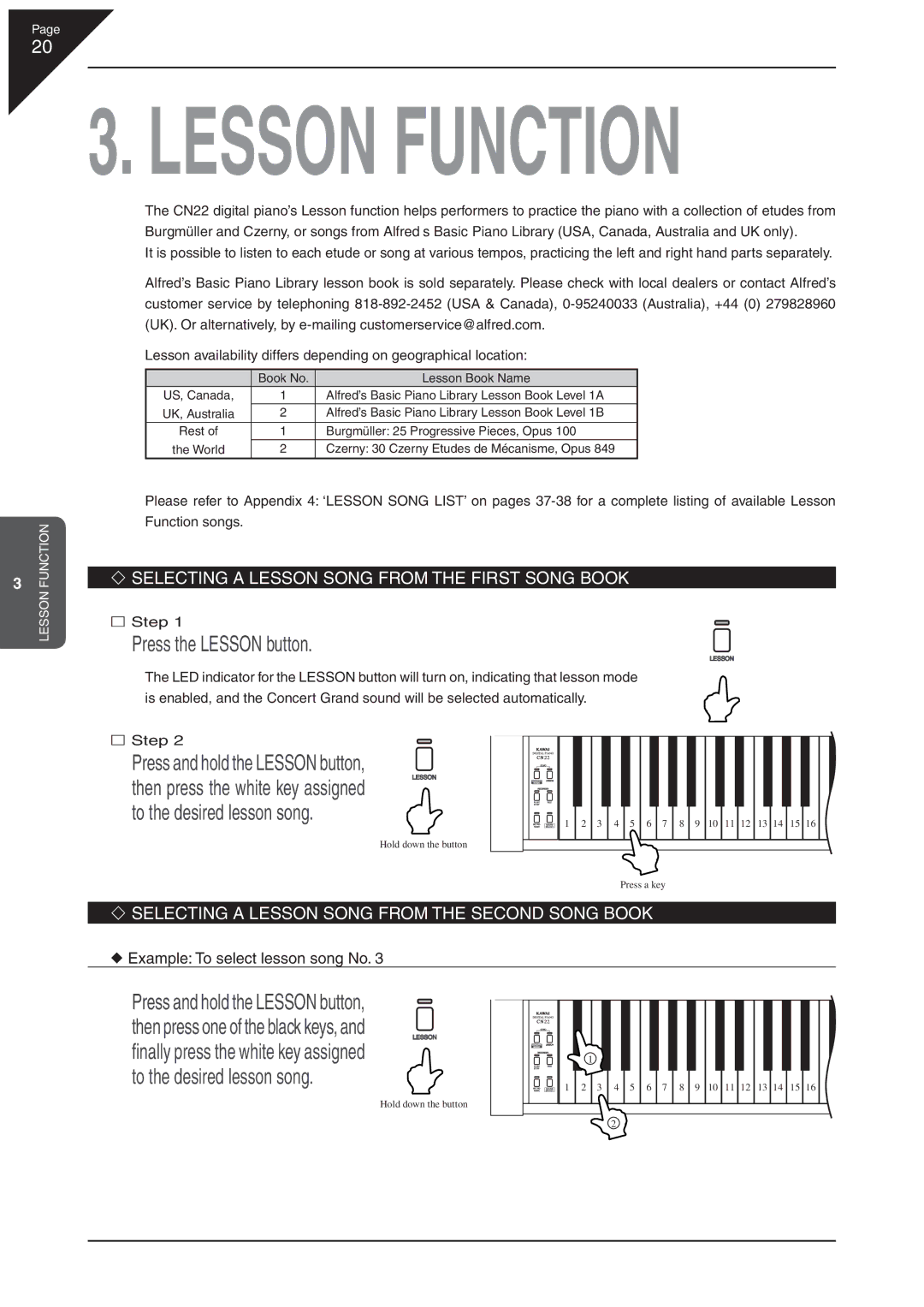 Kawai CN22 manual Press the Lesson button, ‘ Selecting a Lesson Song from the First Song Book 