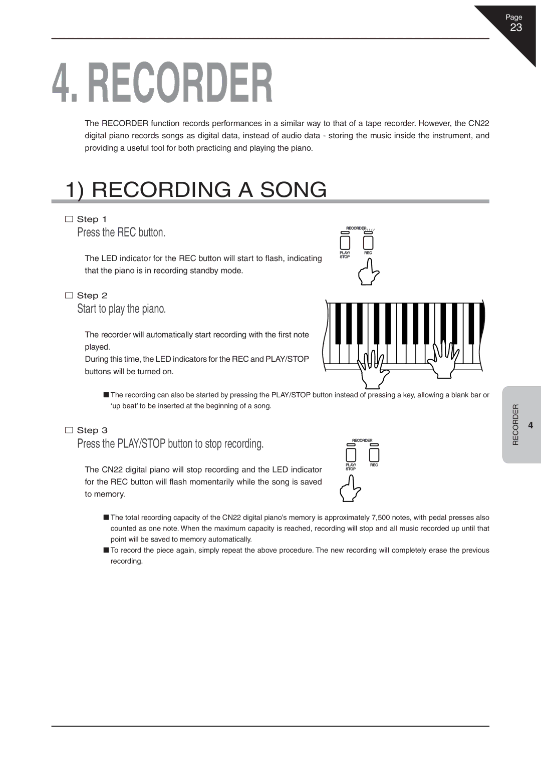 Kawai CN22 Recording a Song, Press the REC button, Start to play the piano, Press the PLAY/STOP button to stop recording 