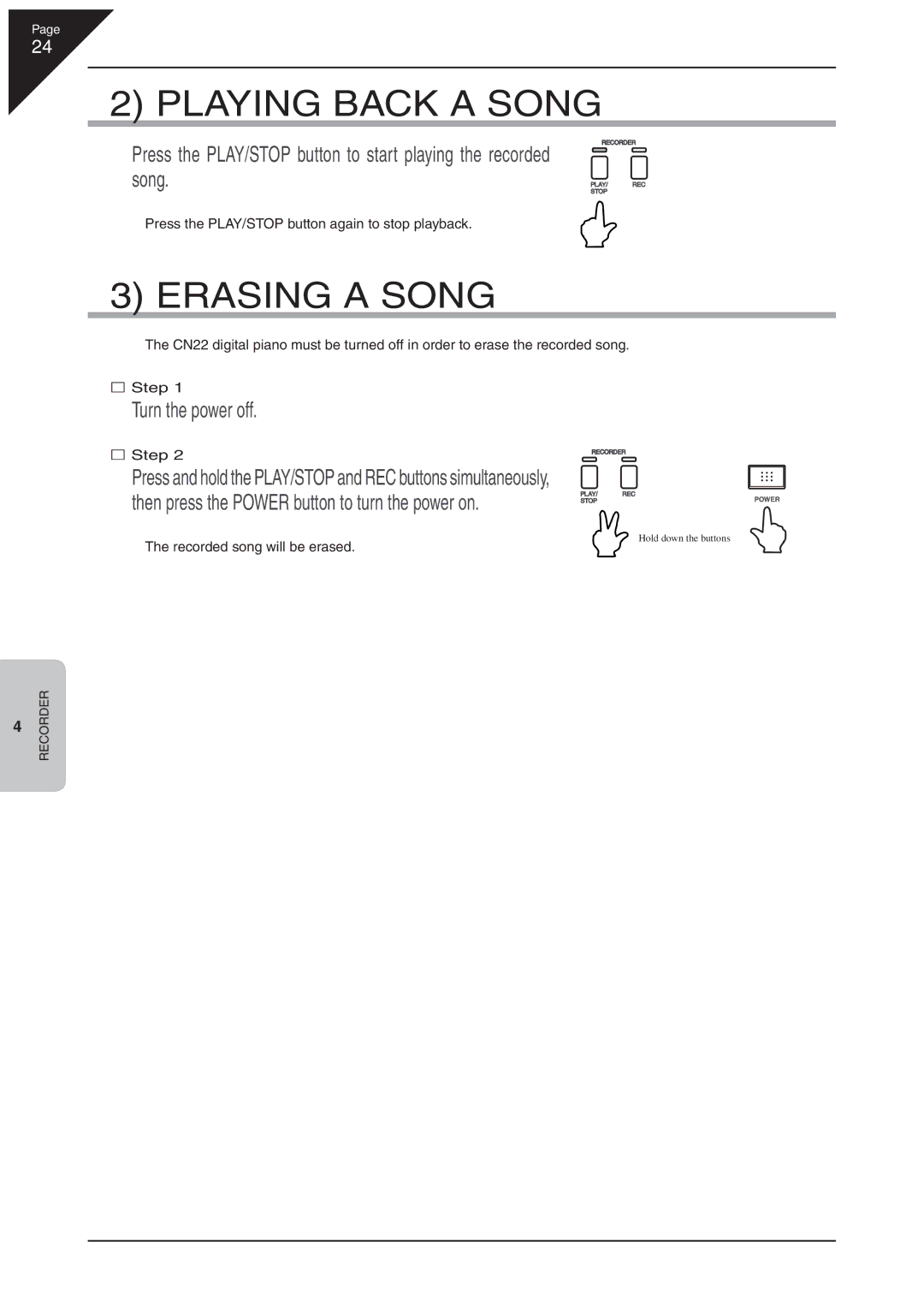 Kawai CN22 Playing Back a Song, Erasing a Song, Turn the power off, Press the PLAY/STOP button again to stop playback 