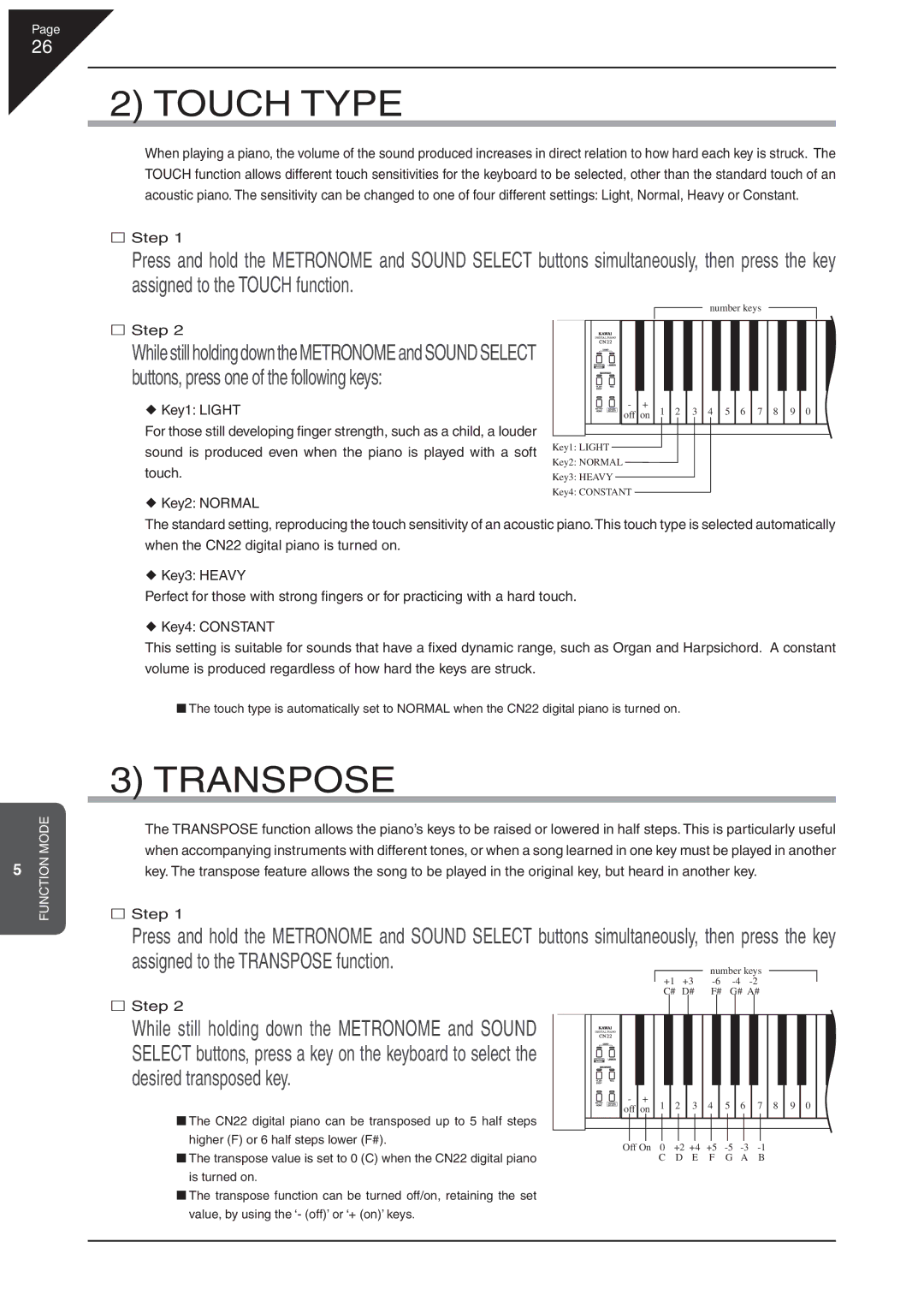 Kawai CN22 manual Touch Type, Transpose, Buttons, press one of the following keys 