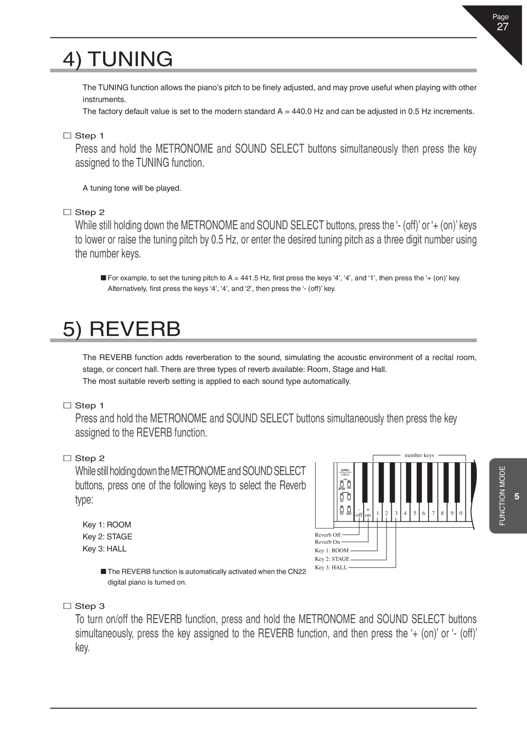 Kawai CN22 manual Tuning, Reverb, Type 