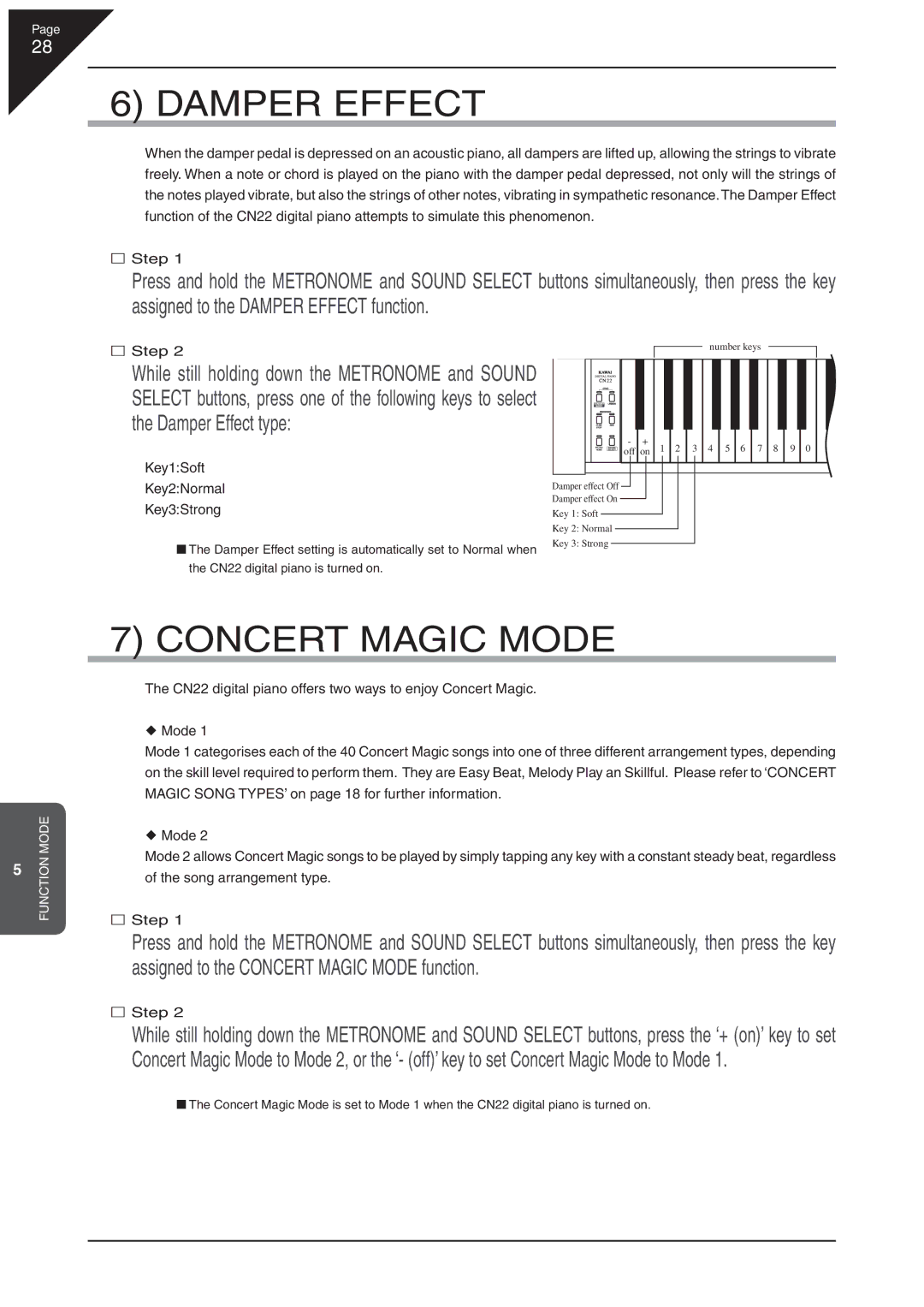 Kawai CN22 manual Concert Magic Mode, Damper Effect type, Key1Soft Key2Normal, Key3Strong 