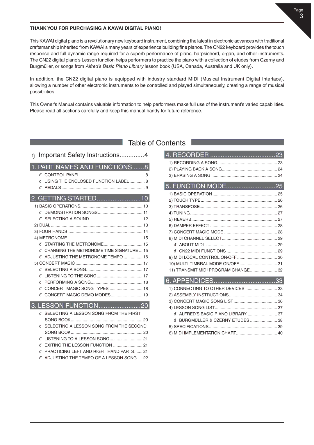 Kawai CN22 manual Table of Contents 