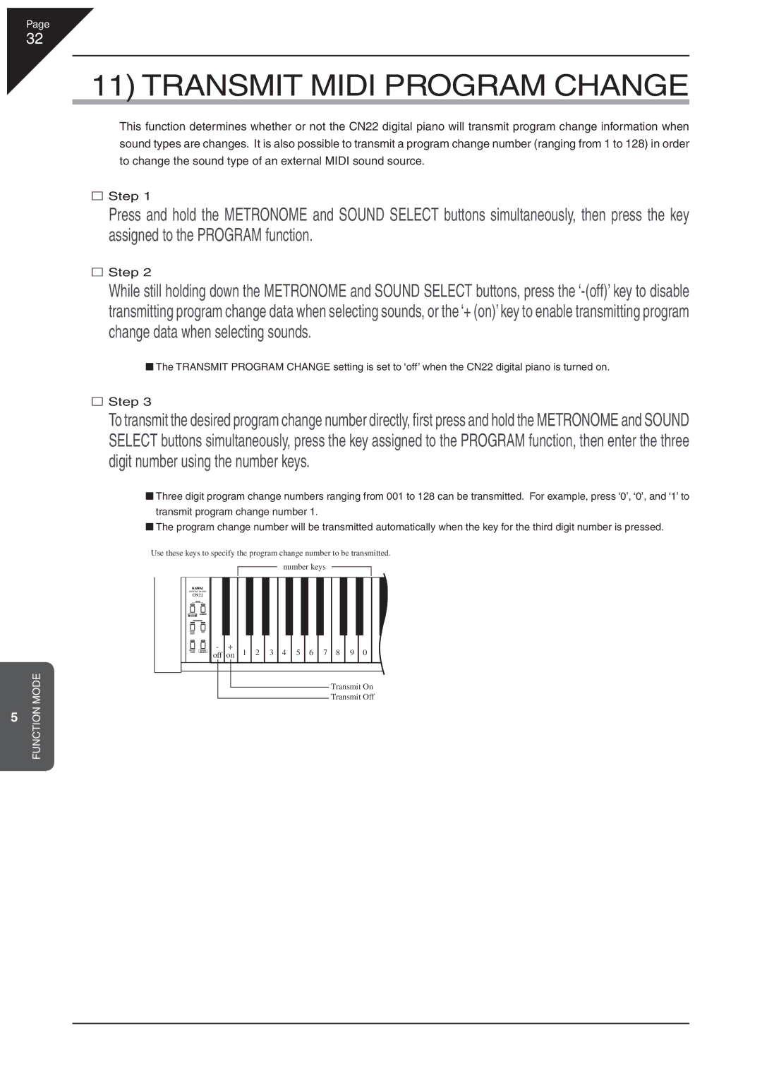 Kawai CN22 manual Transmit Midi Program Change 