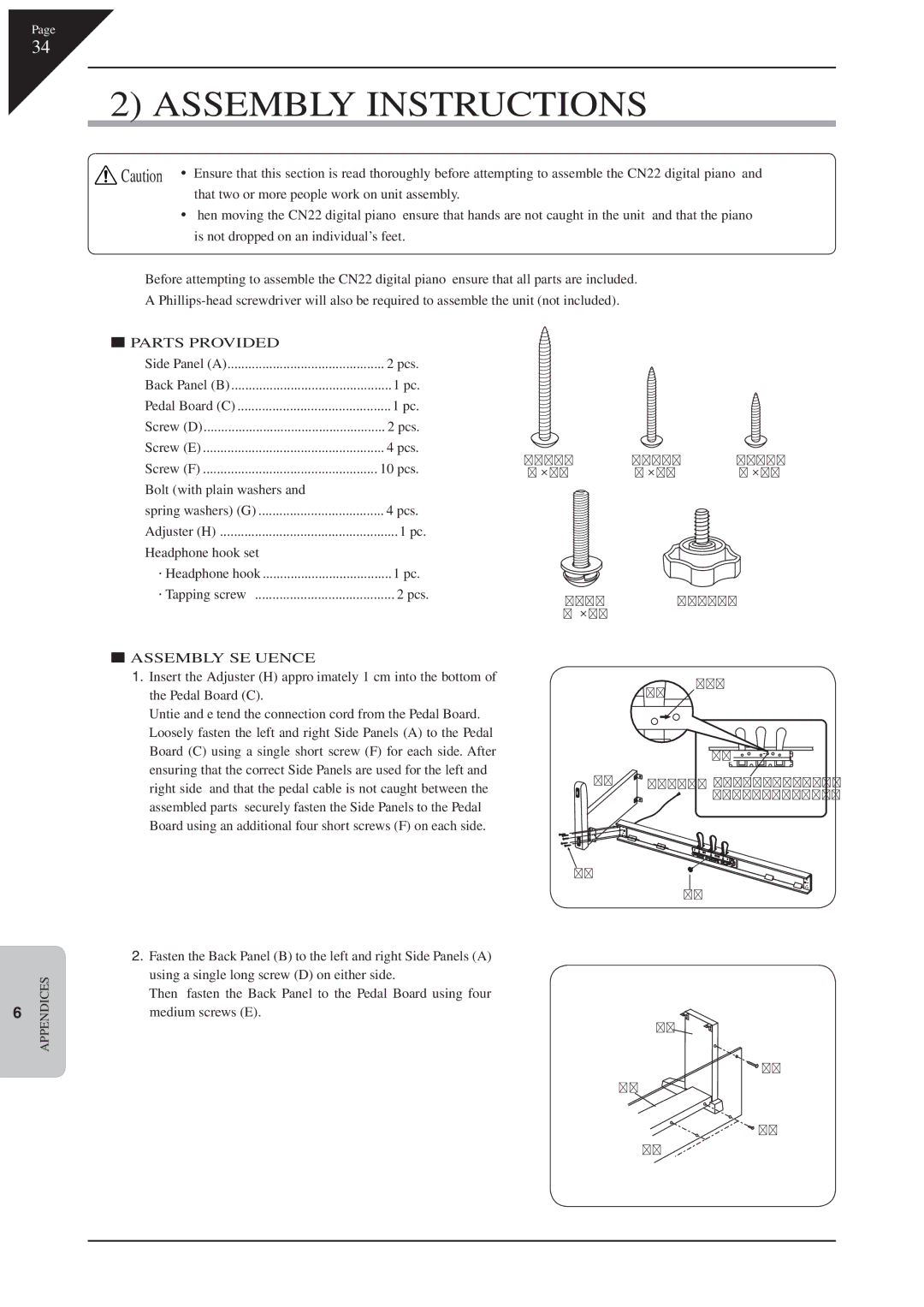 Kawai CN22 manual Assembly Instructions, „ Parts Provided 