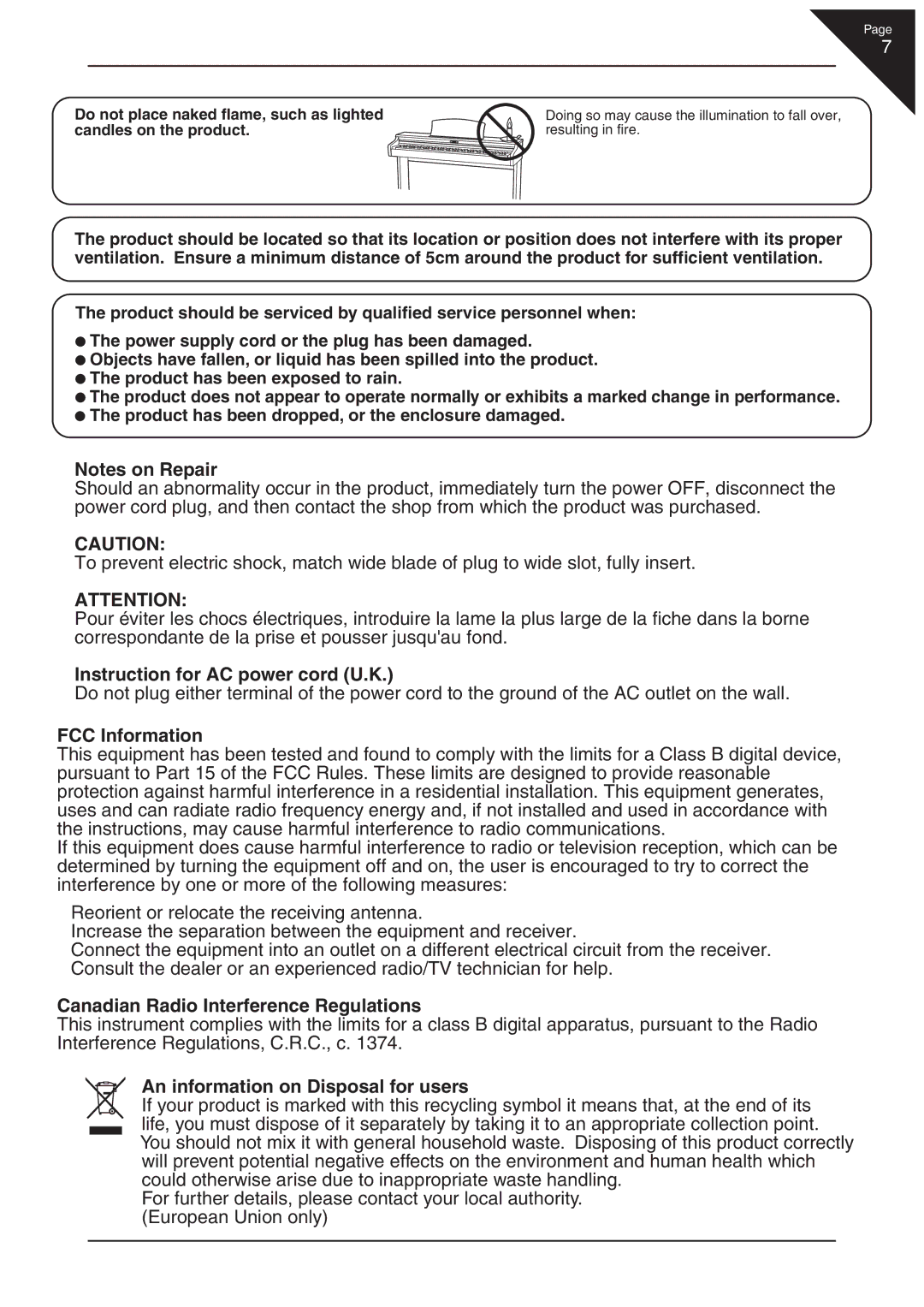 Kawai CN22 manual Instruction for AC power cord U.K 