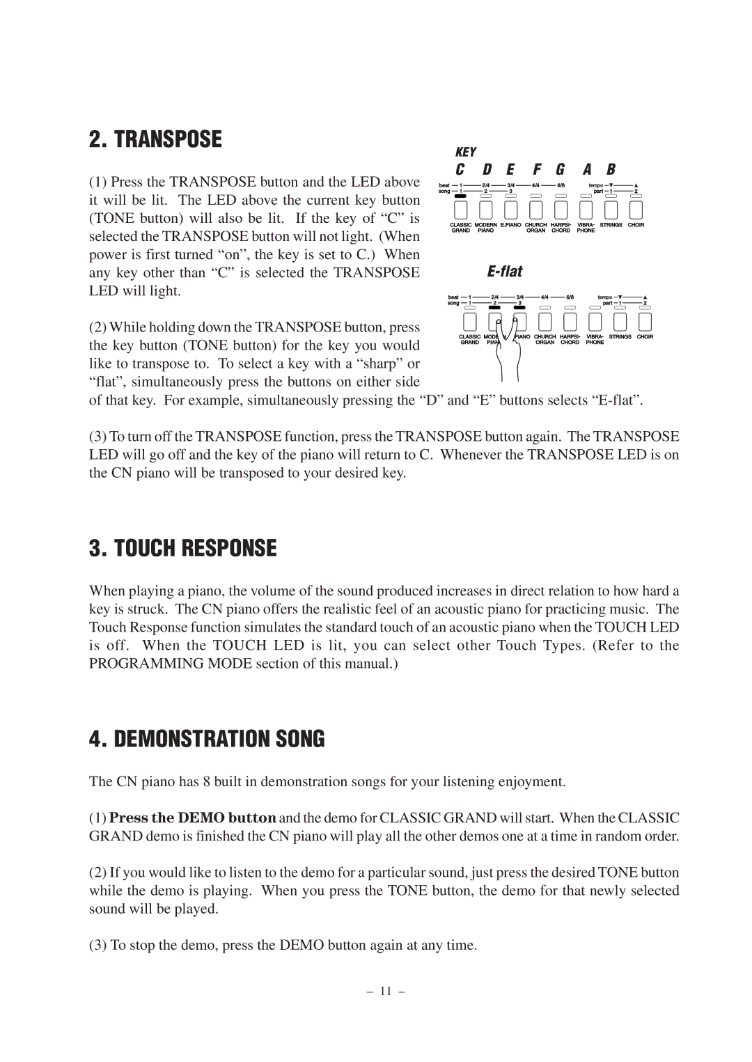 Kawai CN290 manual Transpose, Touch Response, Demonstration Song 