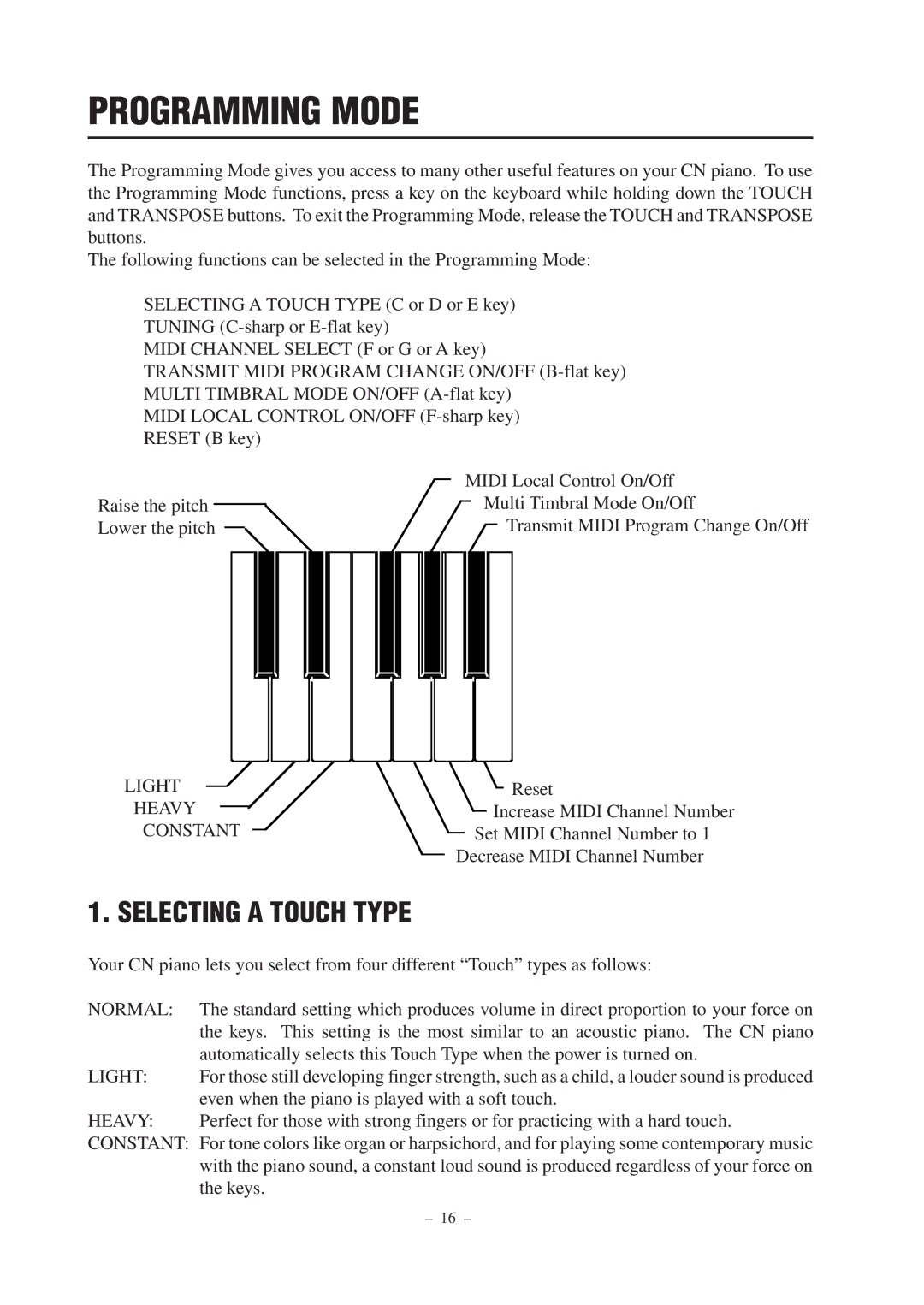 Kawai CN290 manual Programming Mode, Selecting a Touch Type 