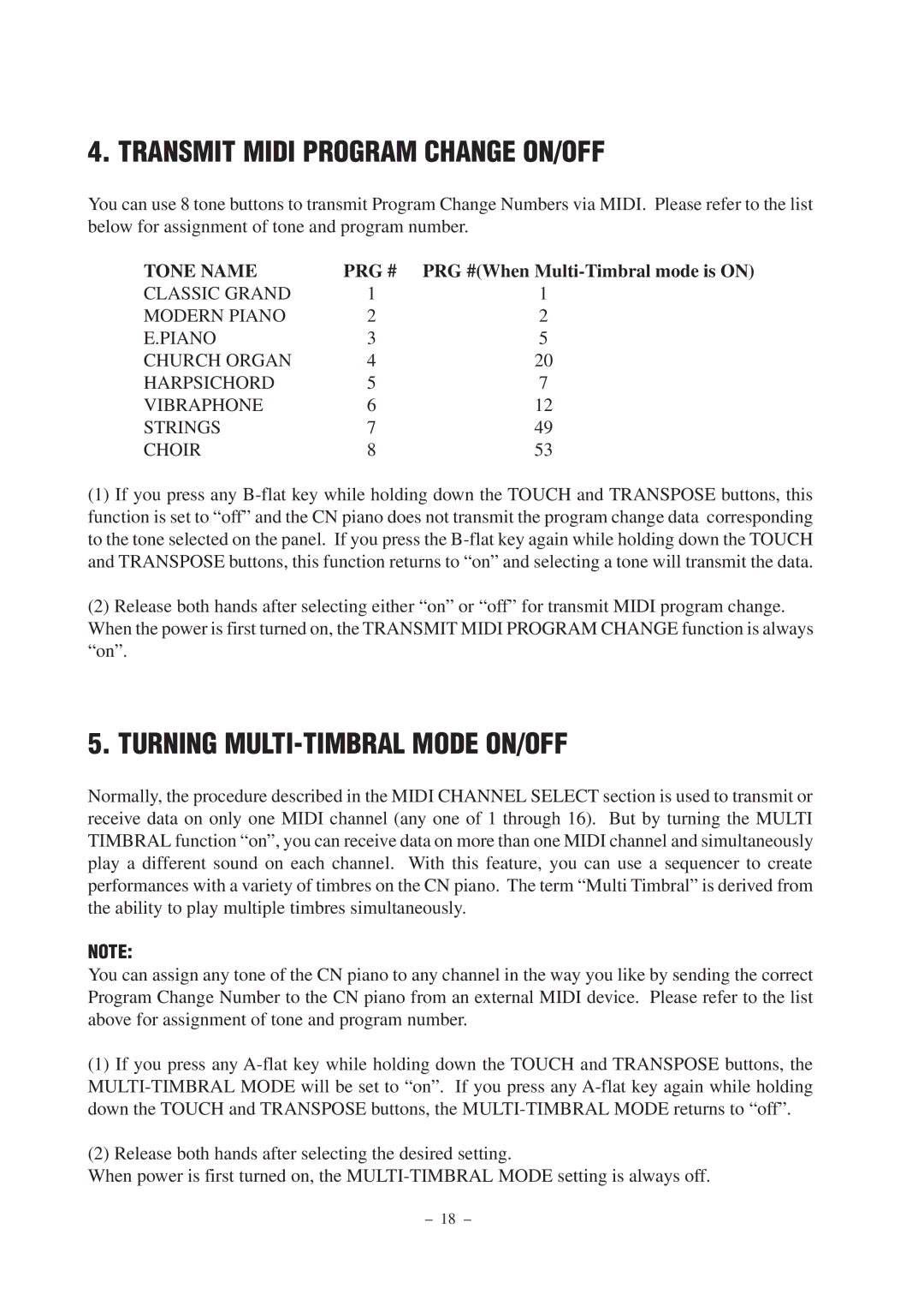 Kawai CN290 manual Transmit Midi Program Change ON/OFF, Turning MULTI-TIMBRAL Mode ON/OFF 