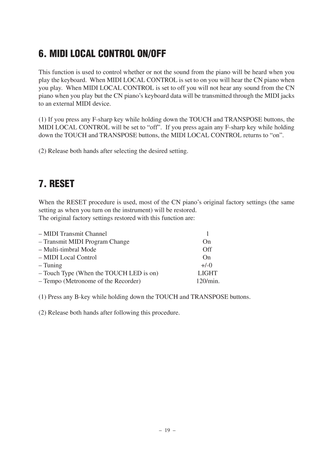 Kawai CN290 manual Midi Local Control ON/OFF, Reset 