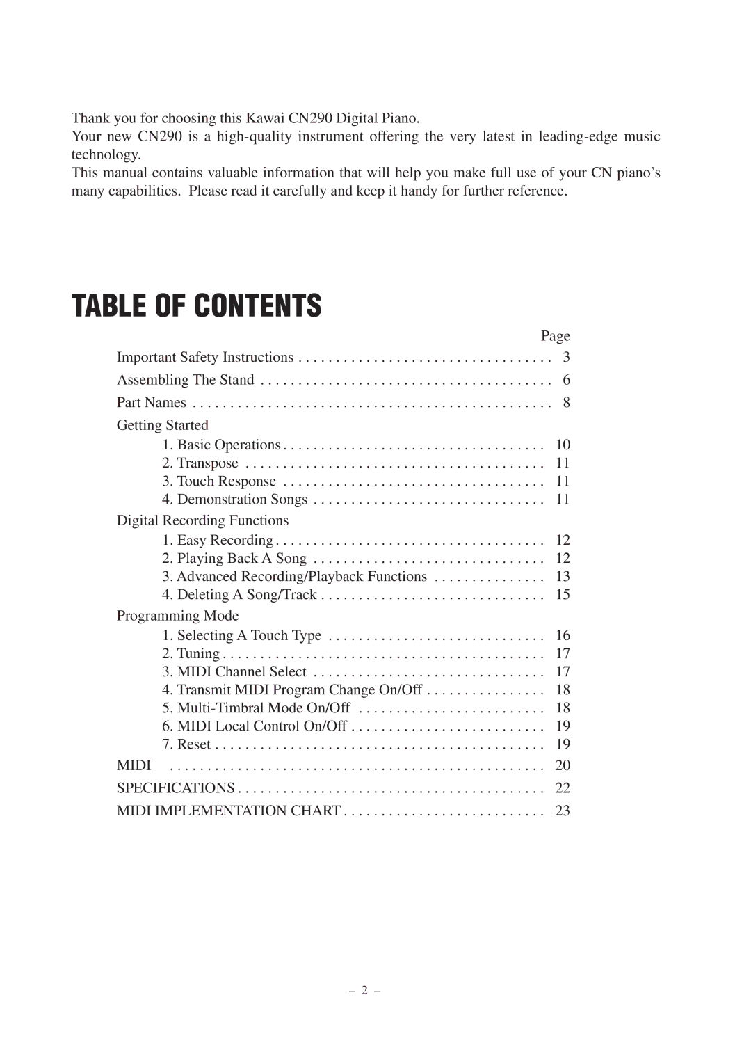 Kawai CN290 manual Table of Contents 