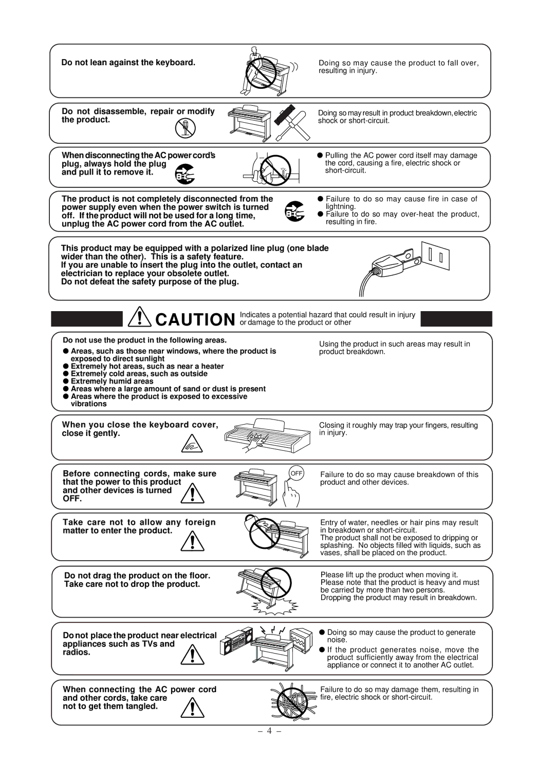 Kawai CN290 manual Indicates a potential hazard that could result in injury 