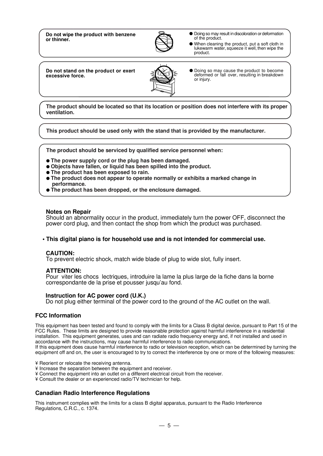 Kawai CN290 manual Instruction for AC power cord U.K 