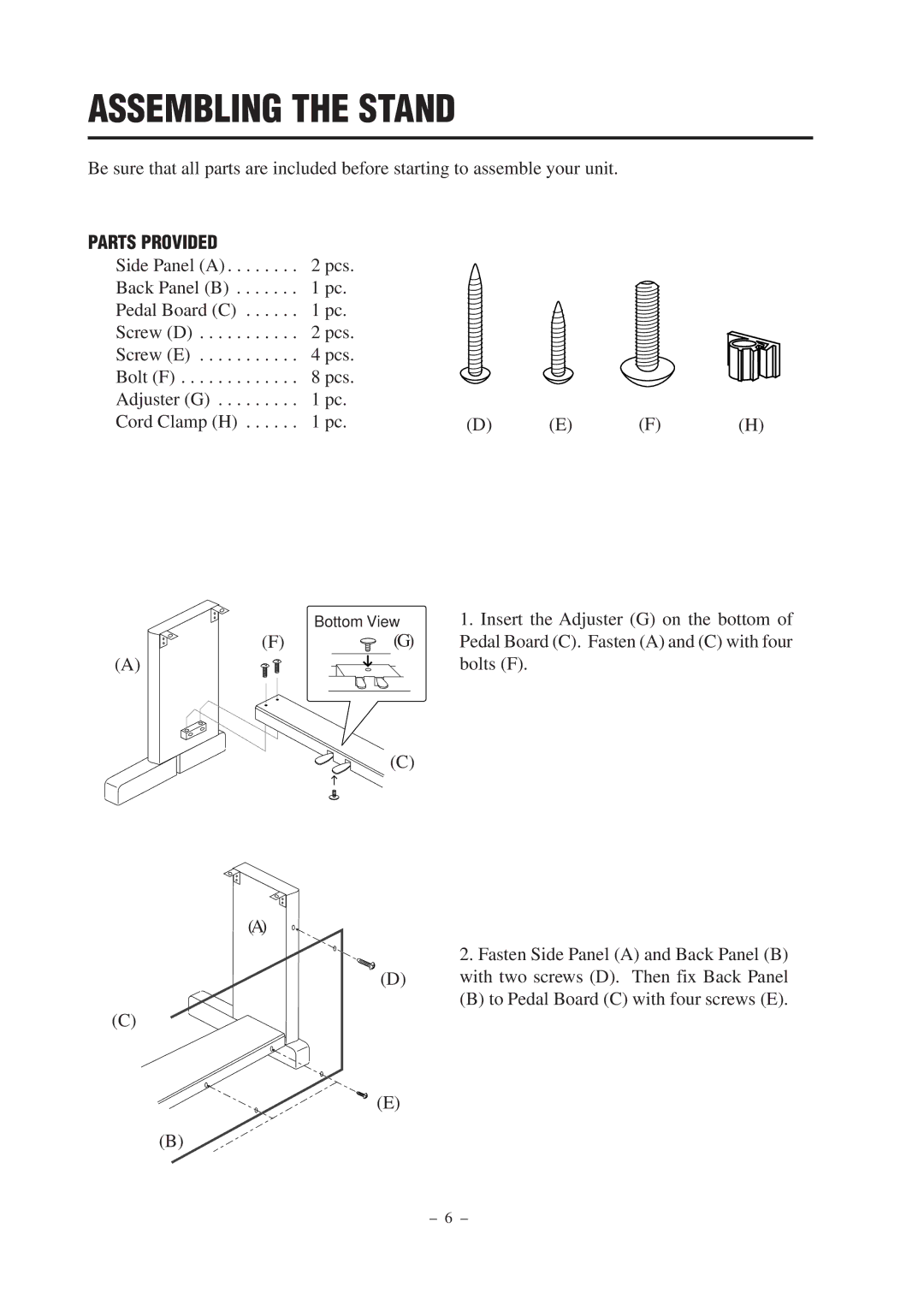 Kawai CN290 manual Assembling the Stand, Parts Provided 