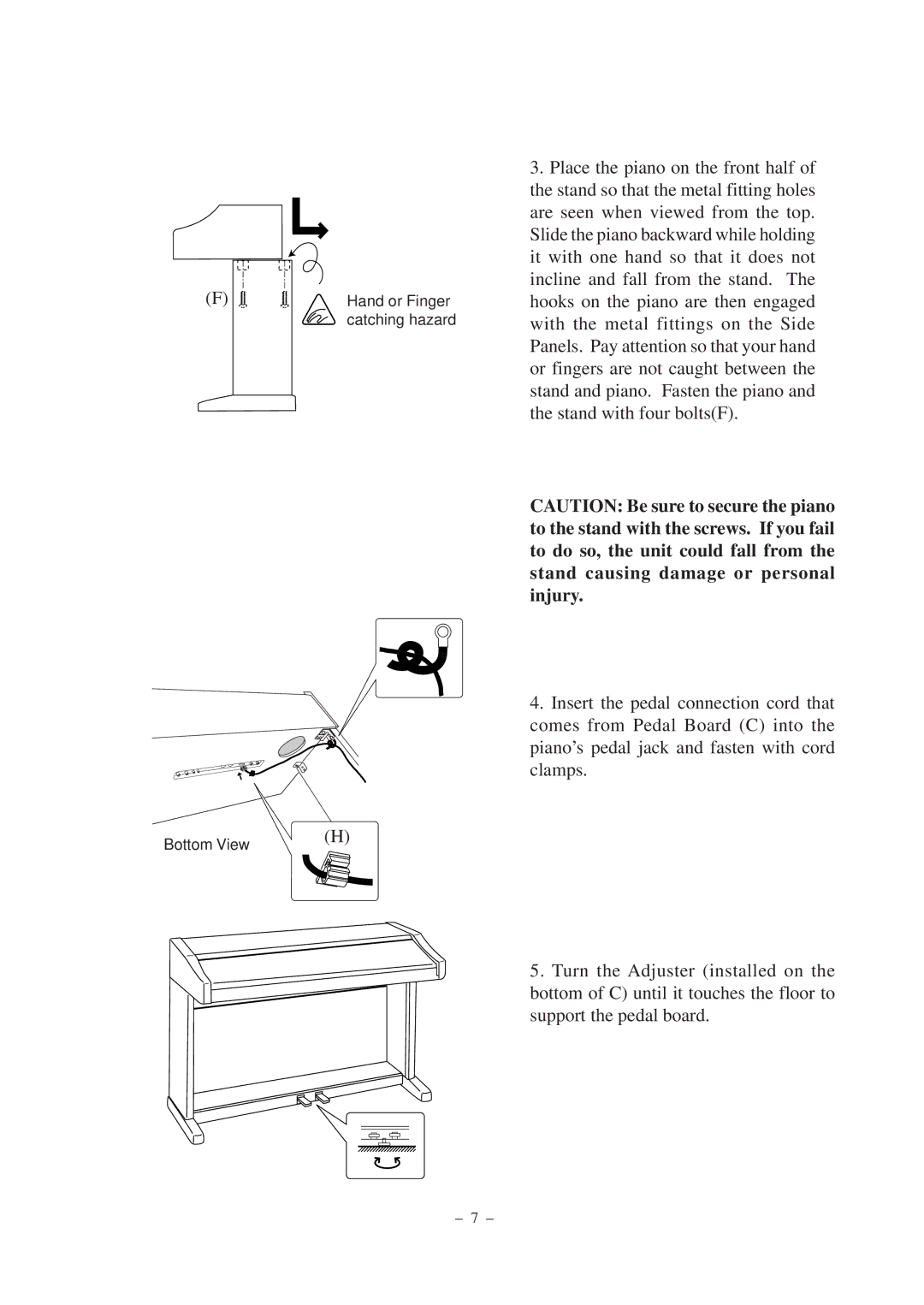 Kawai CN290 manual Bottom View Hand or Finger catching hazard 