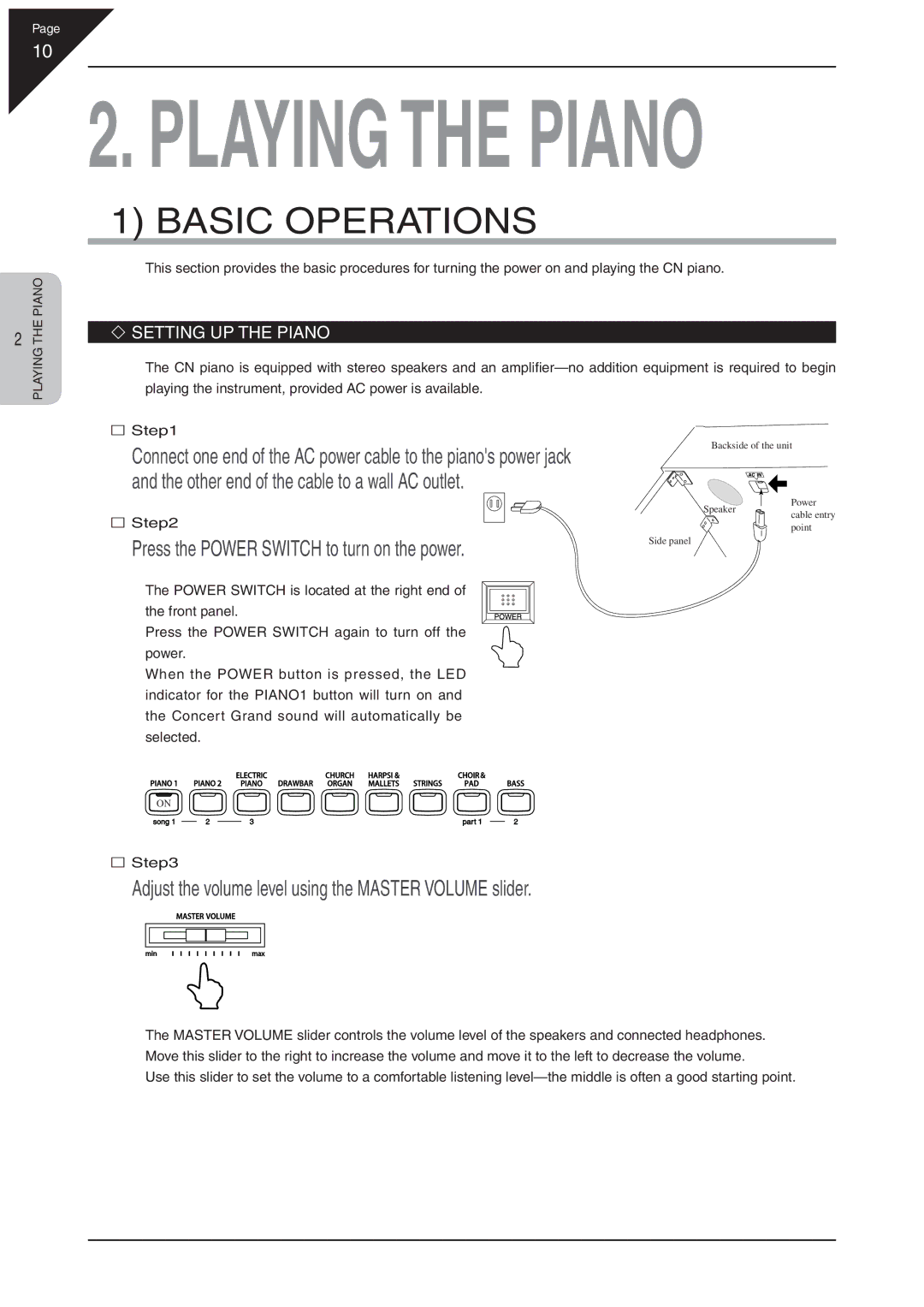 Kawai CN31 manual Basic Operations, Press the Power Switch to turn on the power, ‘ Setting UP the Piano 