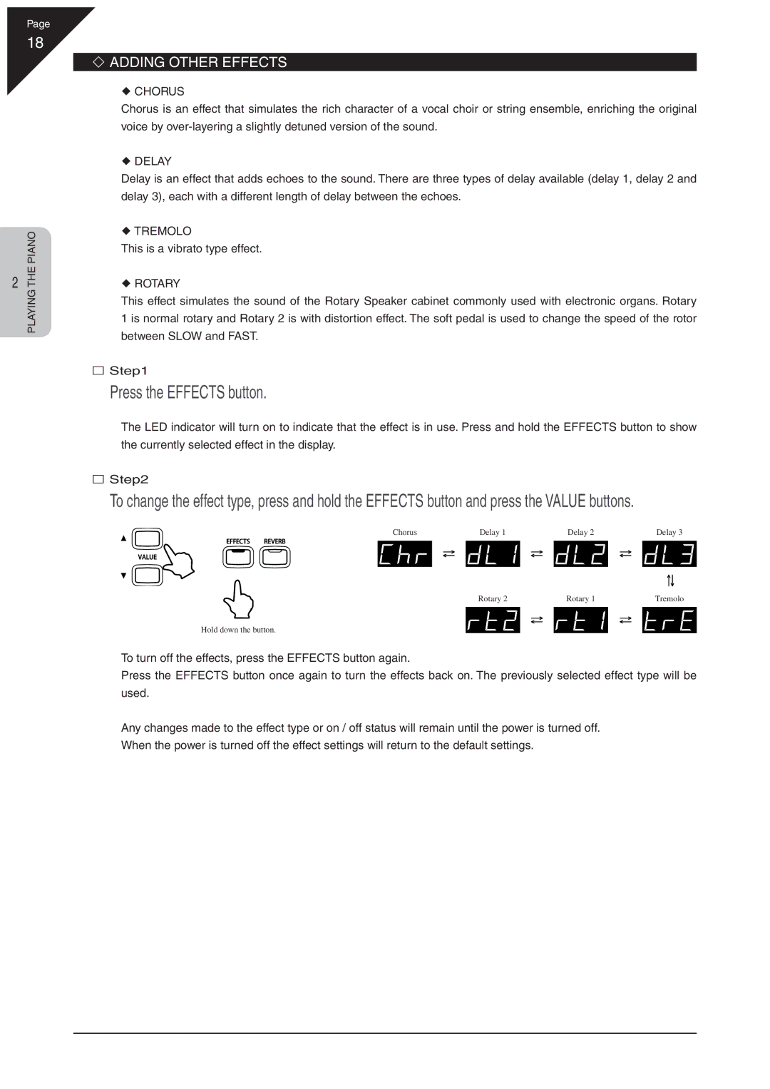 Kawai CN31 manual Press the Effects button, ‘ Adding Other Effects 