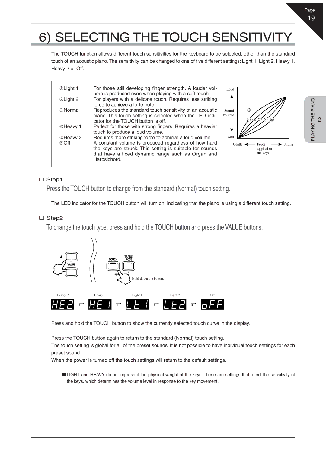 Kawai CN31 manual Selecting the Touch Sensitivity 