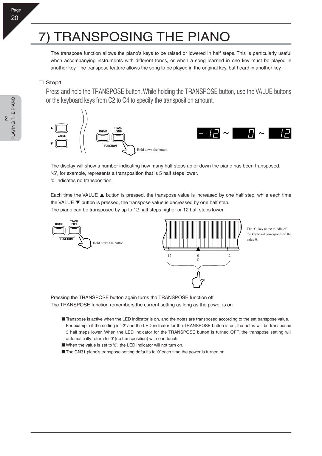 Kawai CN31 manual Transposing the Piano 