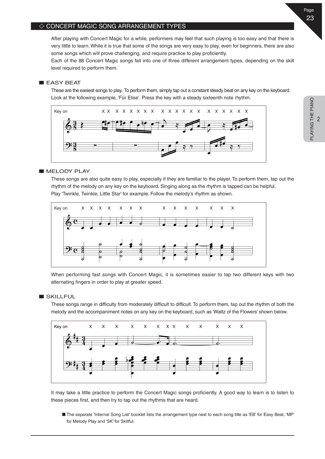 Kawai CN31 manual ‘ Concert Magic Song Arrangement Types, „ Easy Beat, „ Melody Play, „ Skillful 