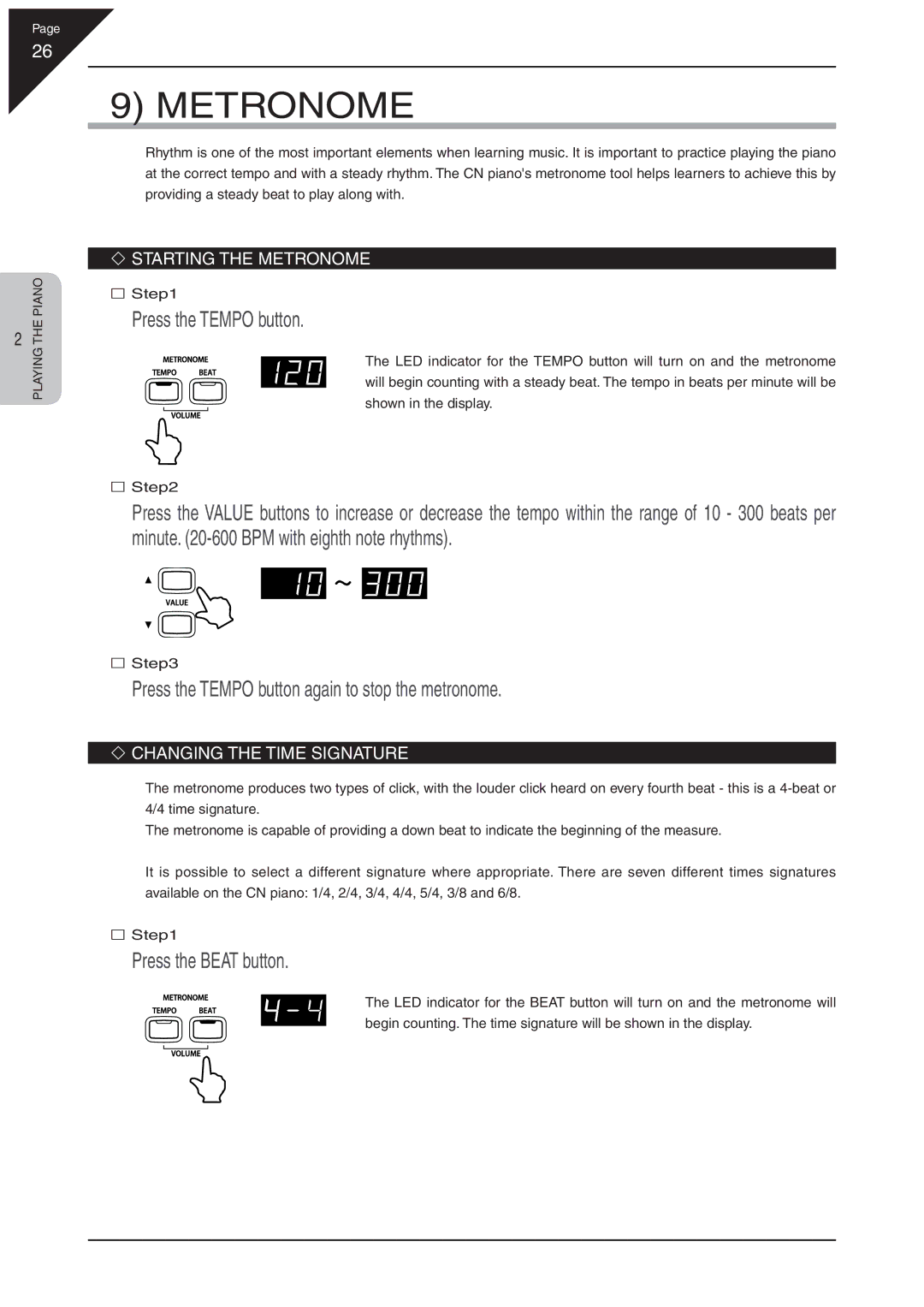 Kawai CN31 manual Metronome, Press the Tempo button again to stop the metronome, Press the Beat button 