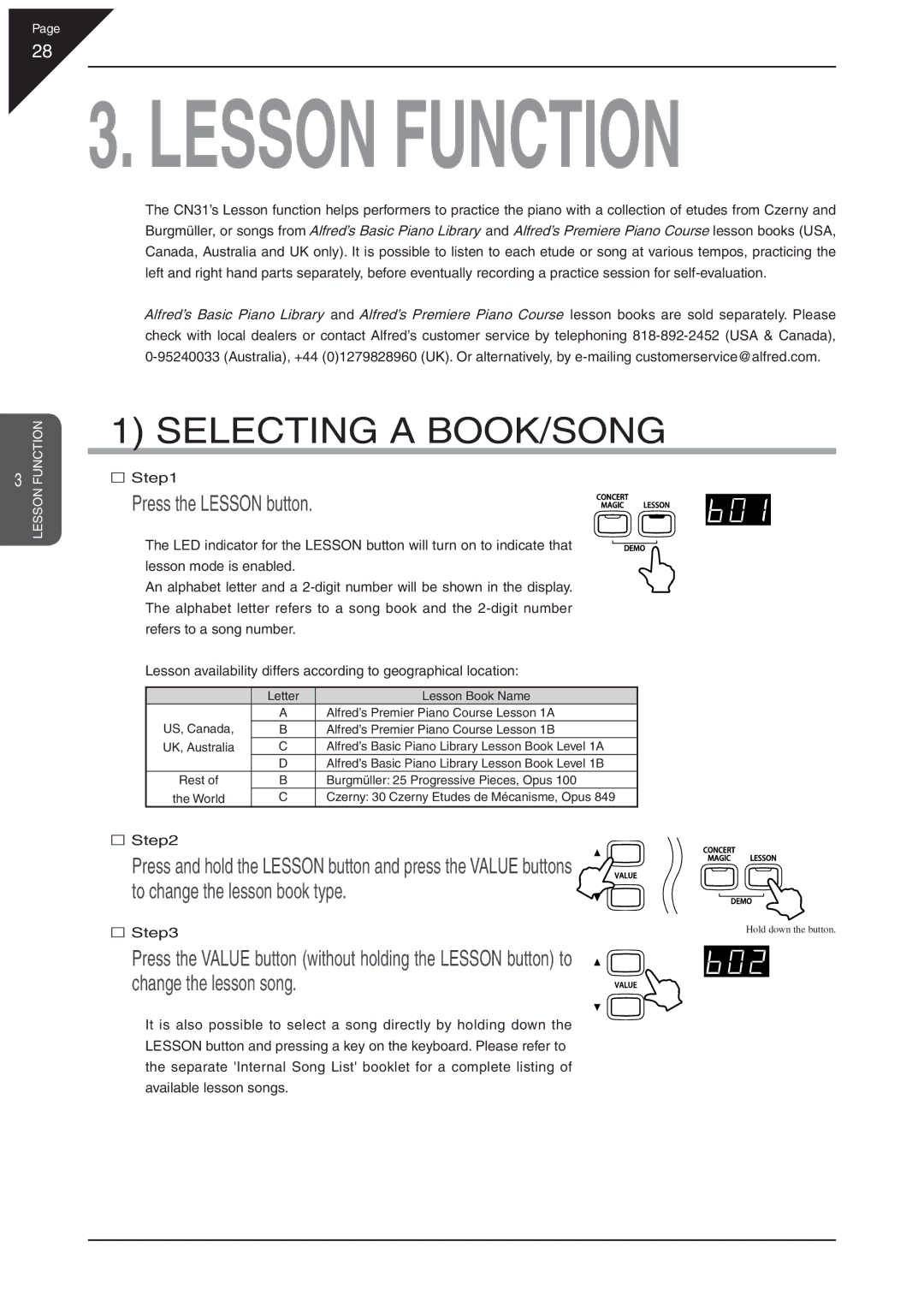 Kawai CN31 manual Selecting a BOOK/SONG, Press the Lesson button 