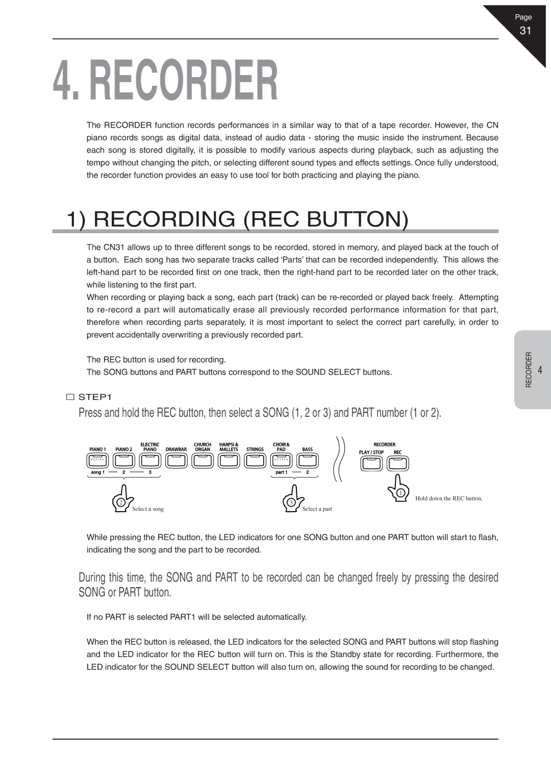 Kawai CN31 manual Recording REC Button, If no Part is selected PART1 will be selected automatically 