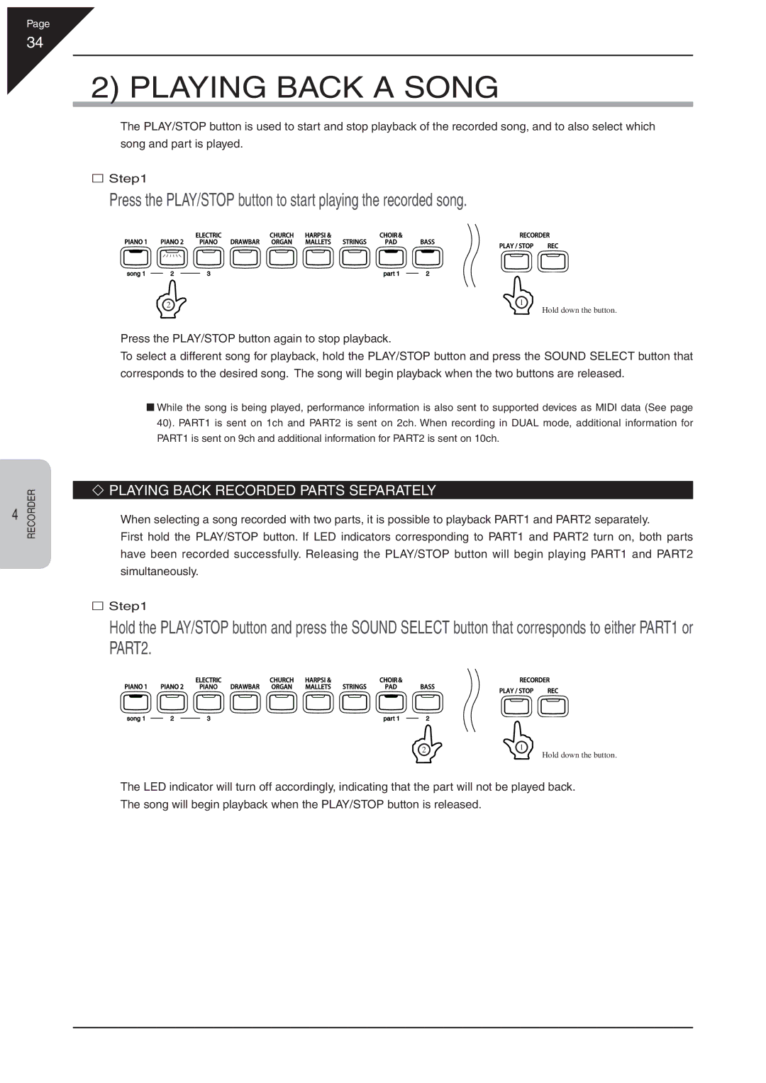 Kawai CN31 manual Playing Back a Song, ‘ Playing Back Recorded Parts Separately 