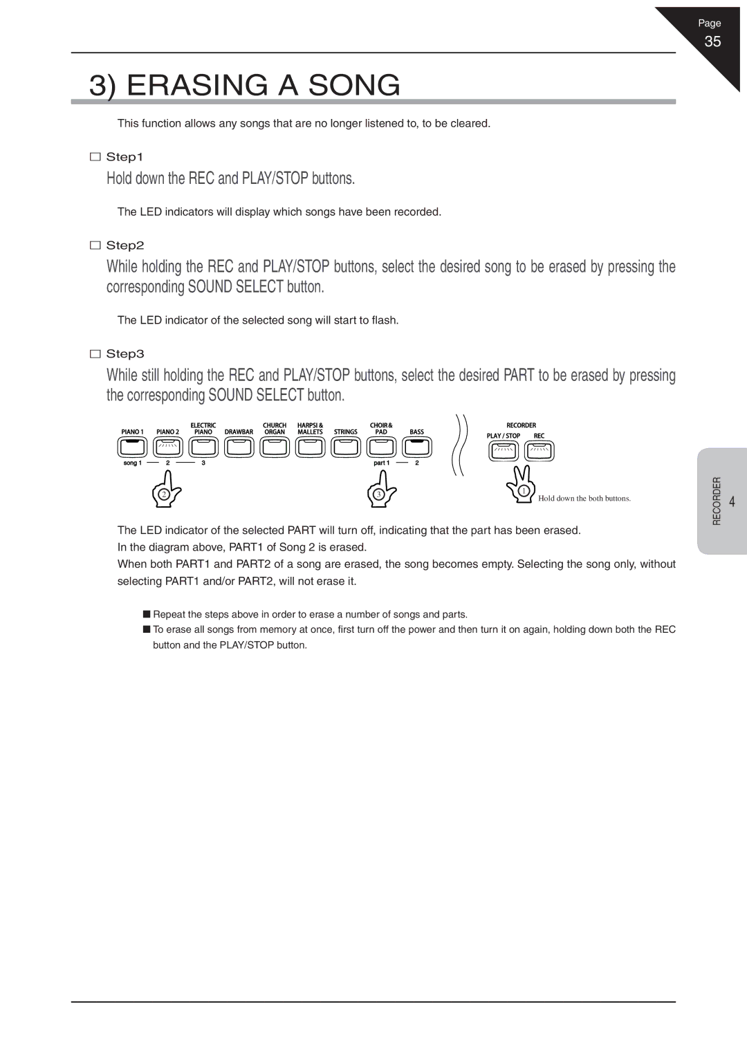 Kawai CN31 Erasing a Song, Hold down the REC and PLAY/STOP buttons, LED indicator of the selected song will start to ﬂ ash 